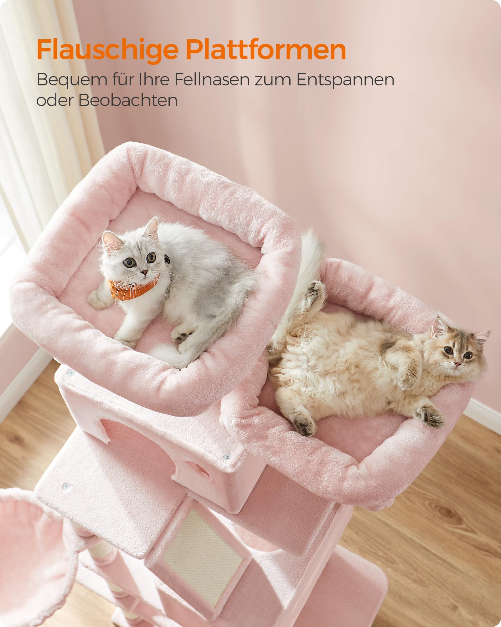 Feandrea Kratzbaum groß, 203,5 cm hoch, XXL Katzenbaum, mit 13 Kratzsäulen, 2 Plattformen, 2 Höhlen, Korb, Hängematte, Plüschbälle, mehrstöckiger Katzenkratzbaum, rauchgrau PCT190G01