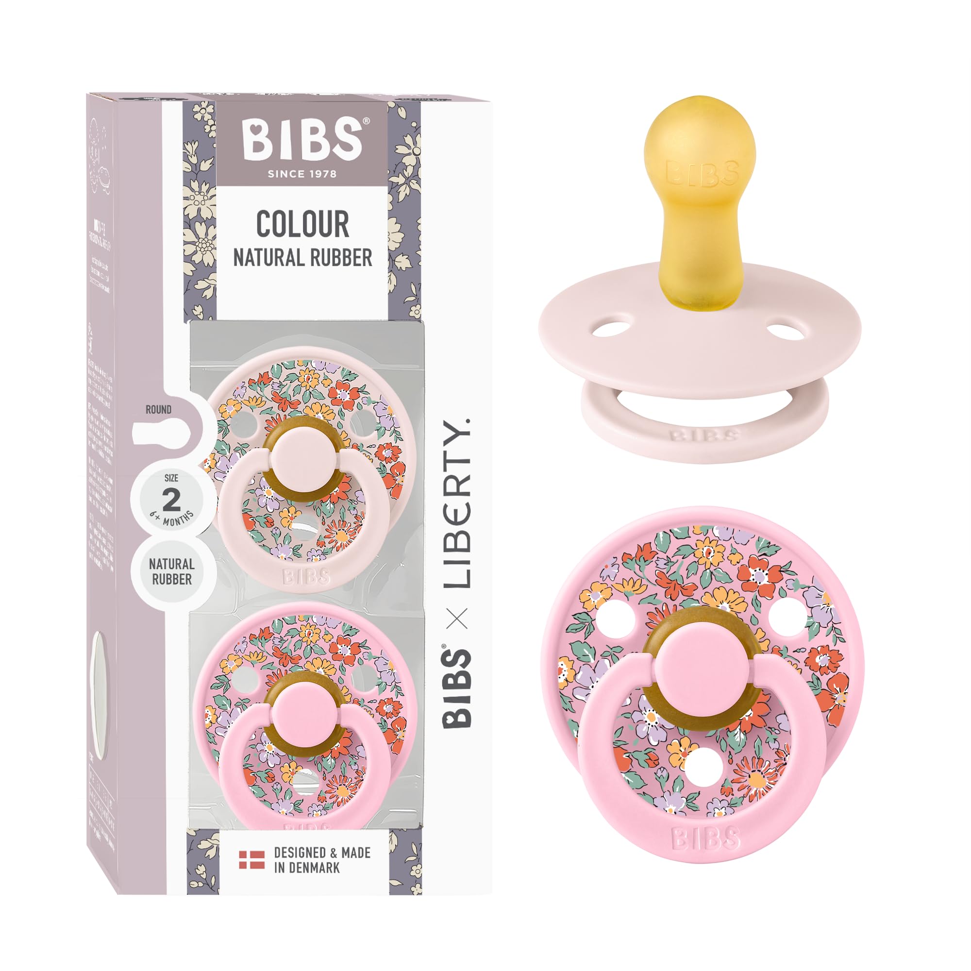 BIBS Colour Liberty Schnuller 2er-Pack, BPA-frei, Kirschform Nippel. Naturkautschuk/Latex, Hergestellt in Dänemark, Größe 2 (6-18 Monate), Chamomile Lawn Violet Sky