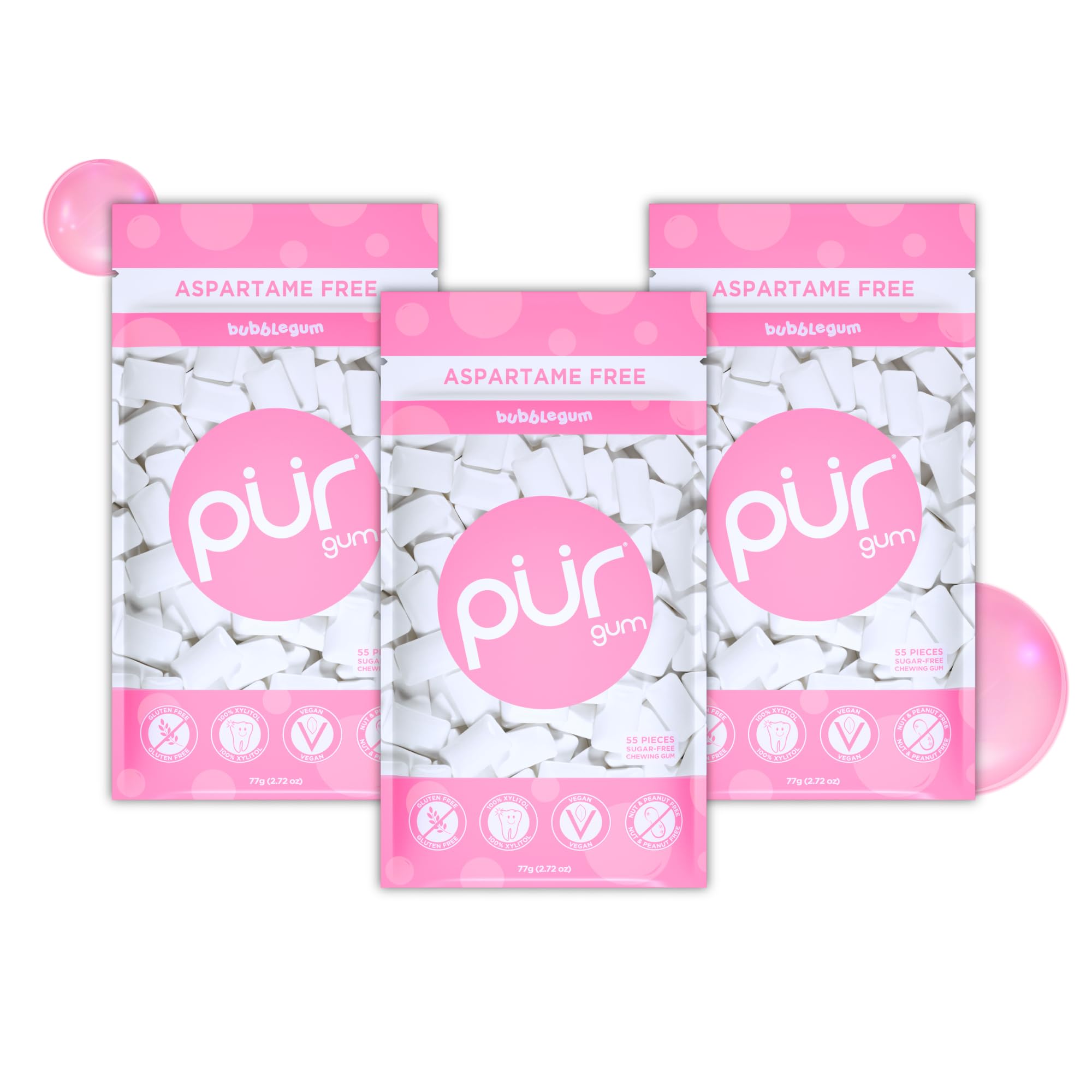 PUR Gum | Zuckerfreier Kaugummi | Mit Xylit | Vegan, Aspartamfrei & Glutenfrei | Natürlicher Kaugummi Mit Spearmint-Geschmack, 55 Stück (3er Pack)