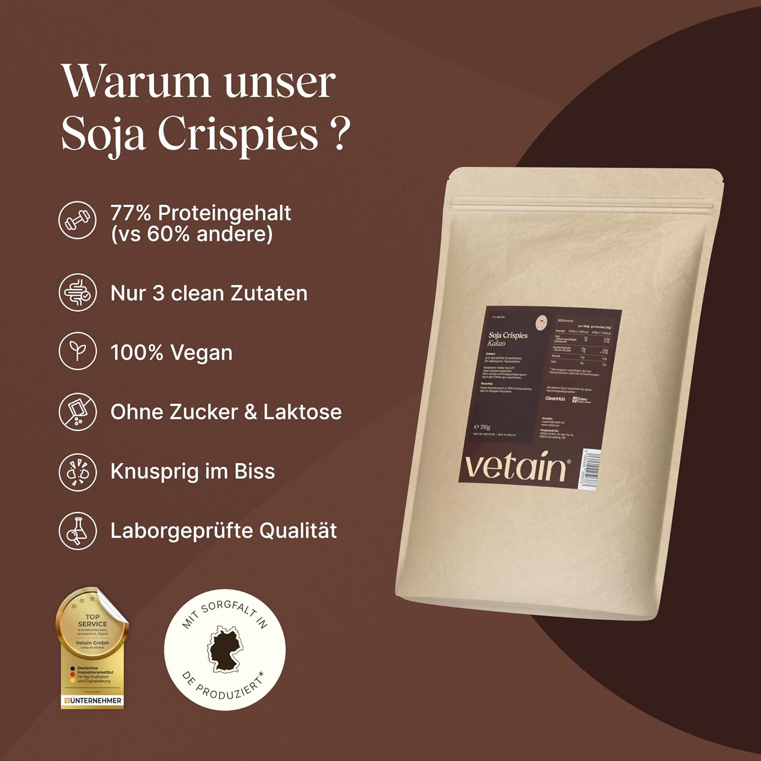 VETAIN Soja Crispies Kakao - 750g - 77% Proteingehalt - Vegan - Ohne Zucker & laktosefrei - Sojaprotein ideal als Topping oder proteinreiche Snackalternative - produziert in Deutschland