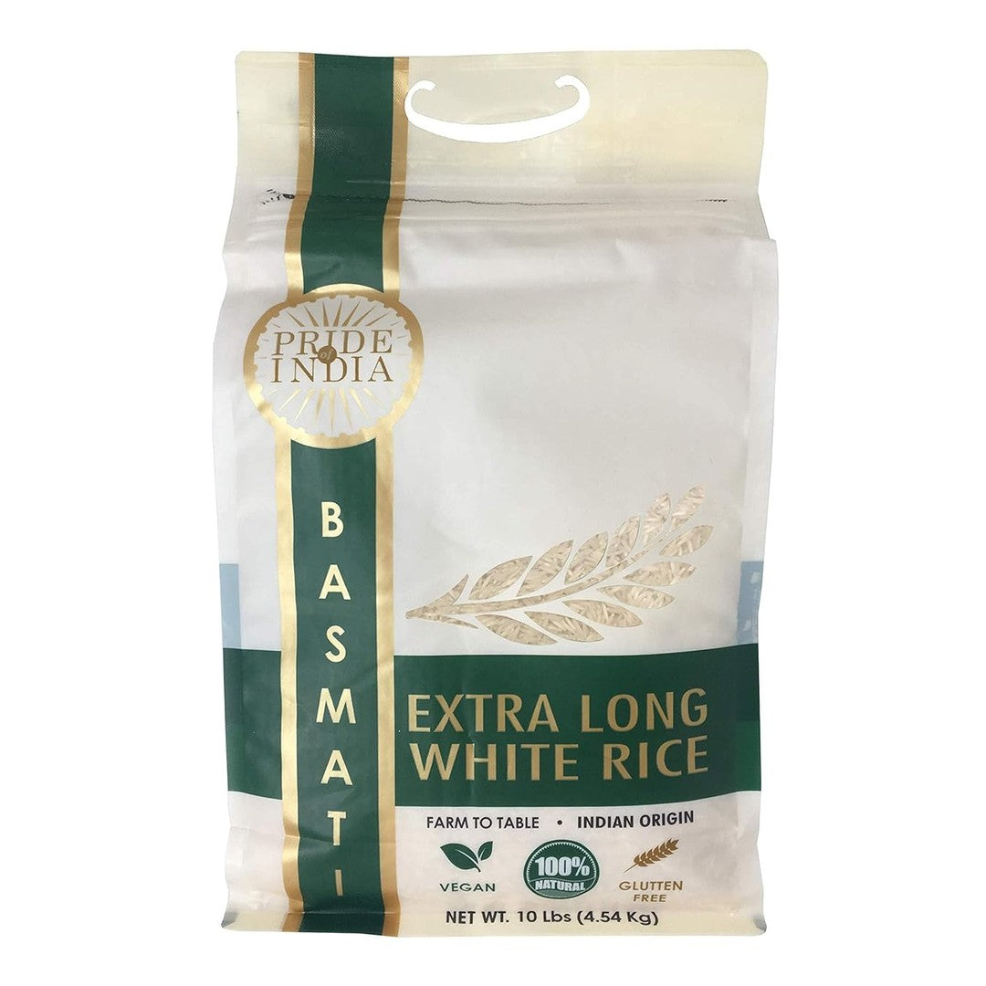 Pride Of India - Extra Long Indian Premium White Basmati Rice, 10 Pound (4.54 Kilo) Reclosable Bag - Naturally Aromatic, Aged, Flavorful, Slender, Non Sticky Grains - Great Value for Money