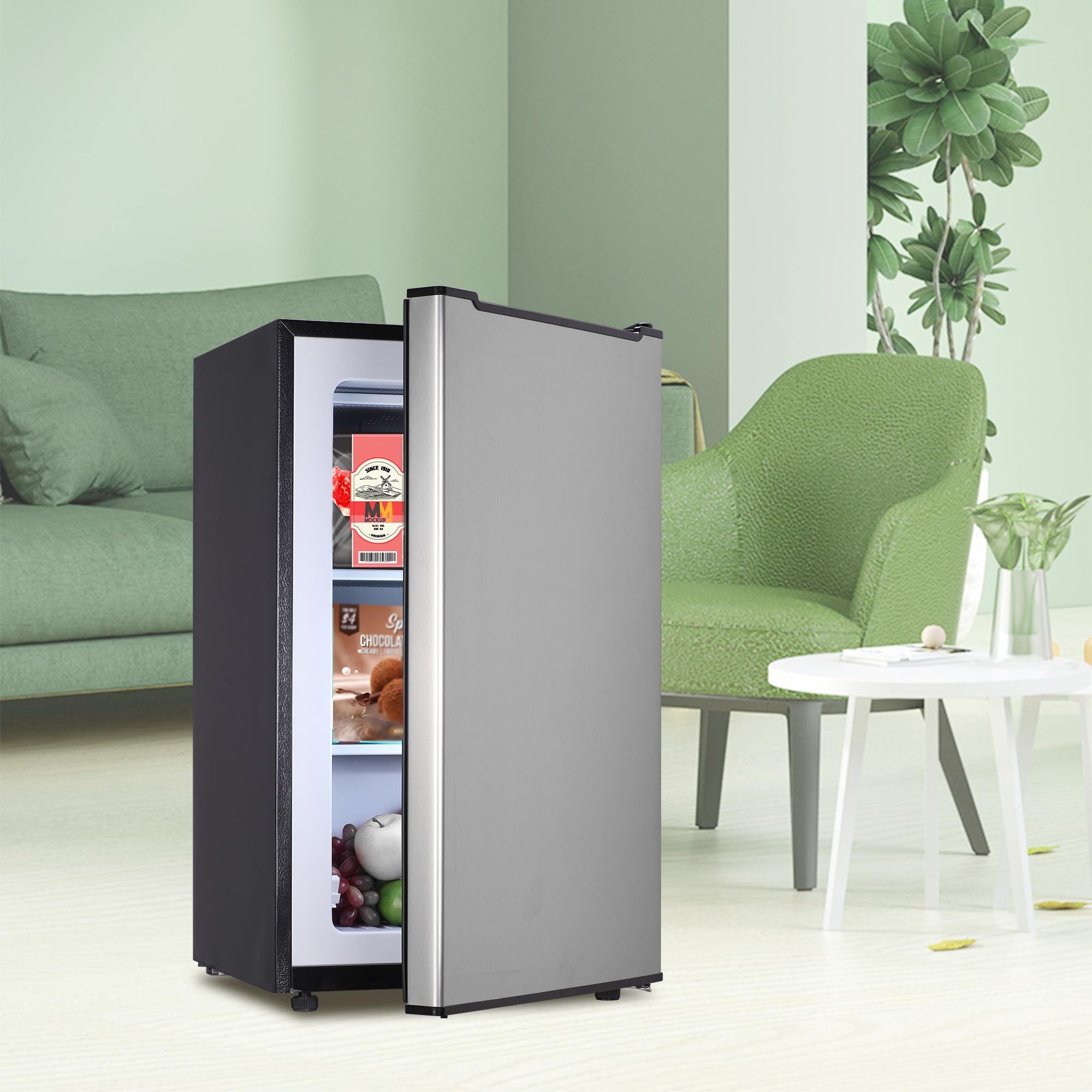 Mini Upright freezer 3.6 Cubic Feet Mini Freezer, Single Door Compact Freezer with Reversible Stainless Steel Door, 3-Speed Temperature Adjustment Small freezer for Home, Glossy Silver