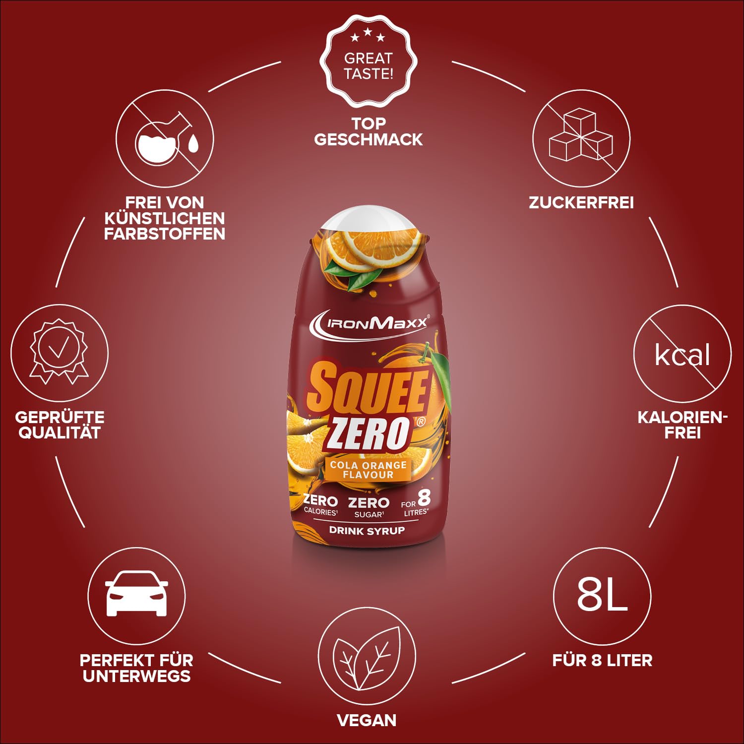IronMaxx SqueeZero - Raspberry 65ml | Sirup, Erfrischendes Geschmackserlebnis für 8 Liter, Zuckerfrei und Kalorienfrei in 100ml verzehrfertigem Getränk
