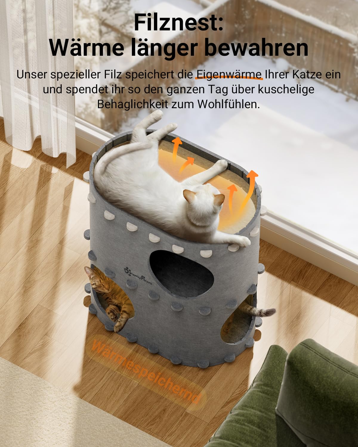 Katzenhöhle Filz, Katzenhaus aus Filz, Katzenbett, Katzenhöhle für Katzen, 58 x 33 x 30cm, Peek-a-Boo zum Spielen, Winterfest, Schutz der Katzennägel, Beige