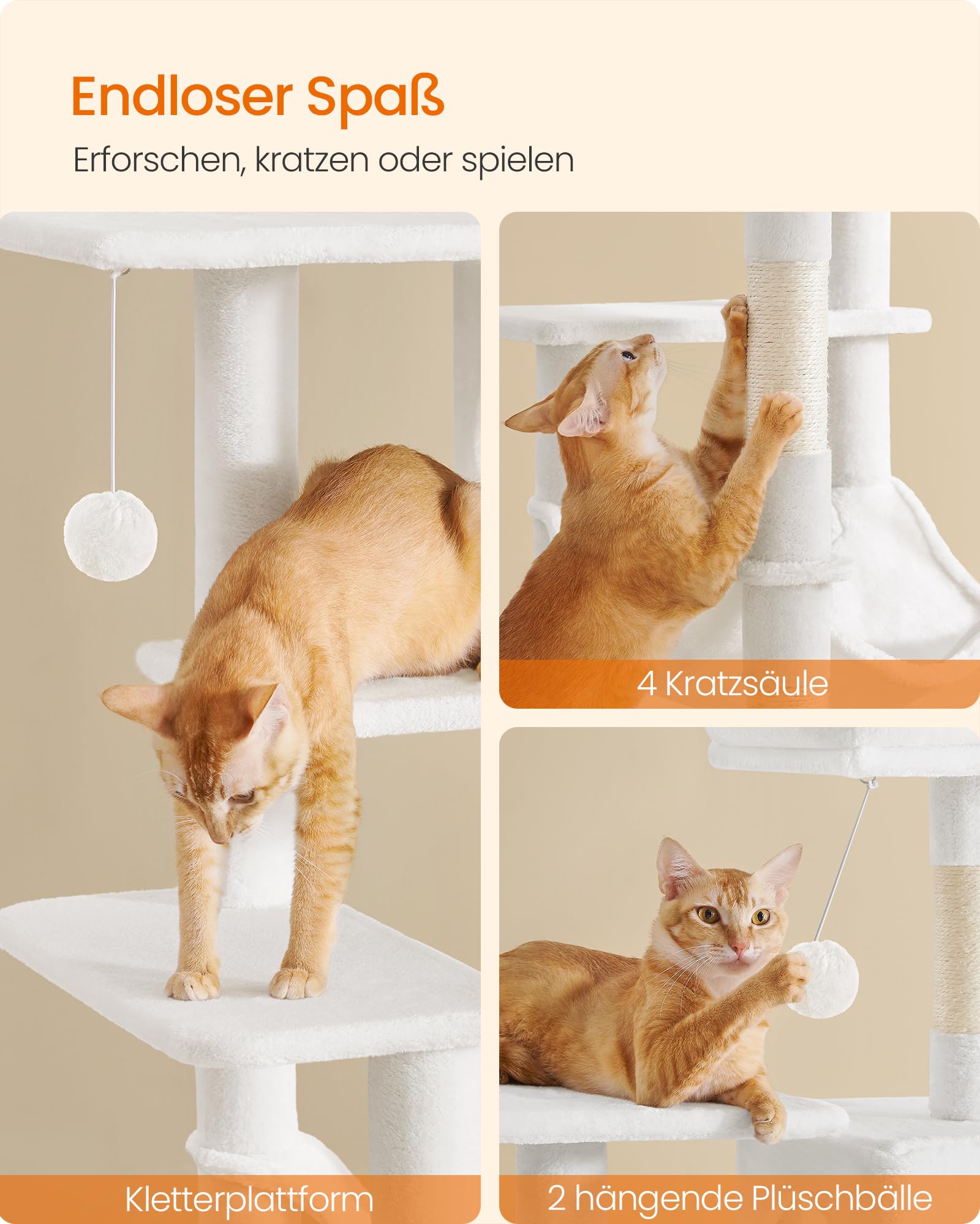 Feandrea Kratzbaum, 143 cm hoch, Katzenbaum, mehrstöckiges Katzenhaus, mit 4 Kratzsäulen, 2 Plattformen, Hängematte, Höhle, hellgrau PCT161W01