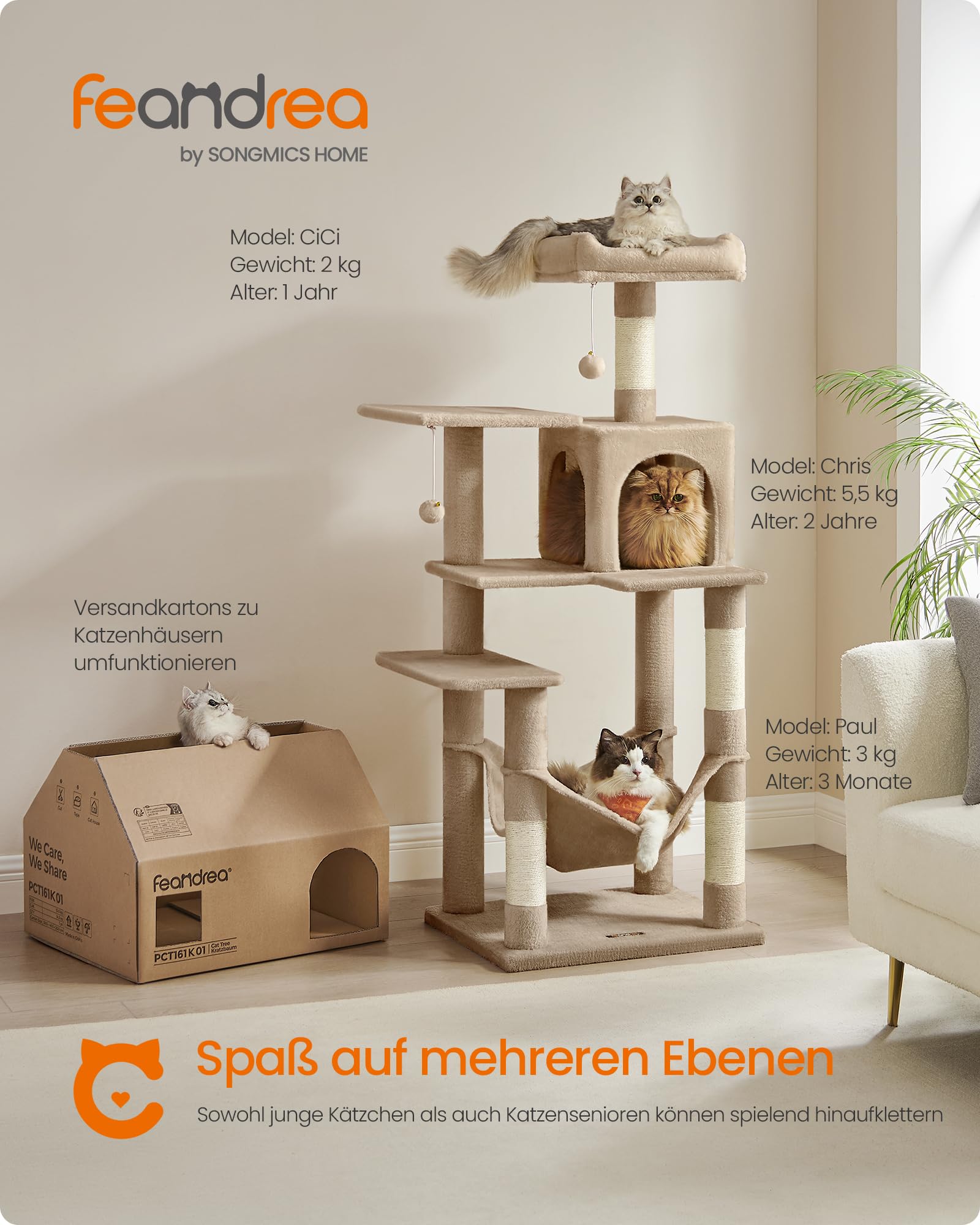 Feandrea Kratzbaum, 143 cm hoch, Katzenbaum, mehrstöckiges Katzenhaus, mit 4 Kratzsäulen, 2 Plattformen, Hängematte, Höhle, hellgrau PCT161W01
