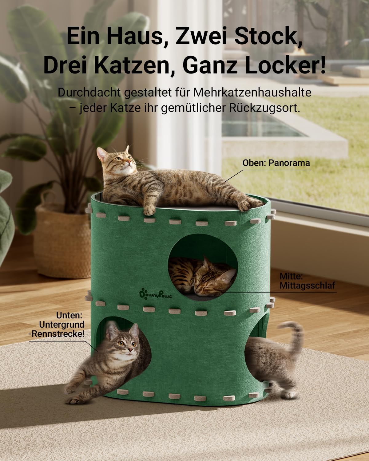 Katzenhöhle Filz, Katzenhaus aus Filz, Katzenbett, Katzenhöhle für Katzen, 58 x 33 x 30cm, Peek-a-Boo zum Spielen, Winterfest, Schutz der Katzennägel, Beige