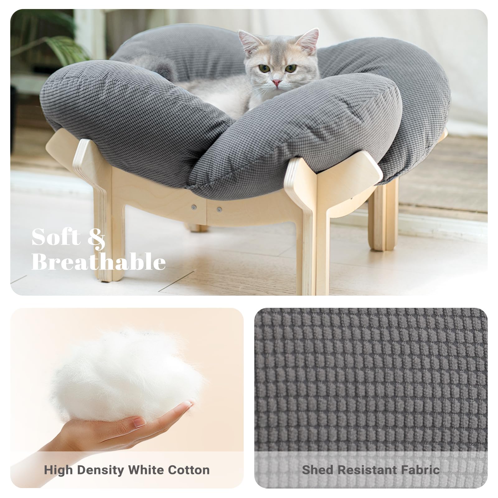 CheerPals Erhöhtes Katzenbett Blumenform, 55cm L&W Großes Katzensofa, Stilvoll Katzenstuhl mit Hochelastischer Weich Kissen, Katzenmöbel zum Schlafen für Alle Katze
