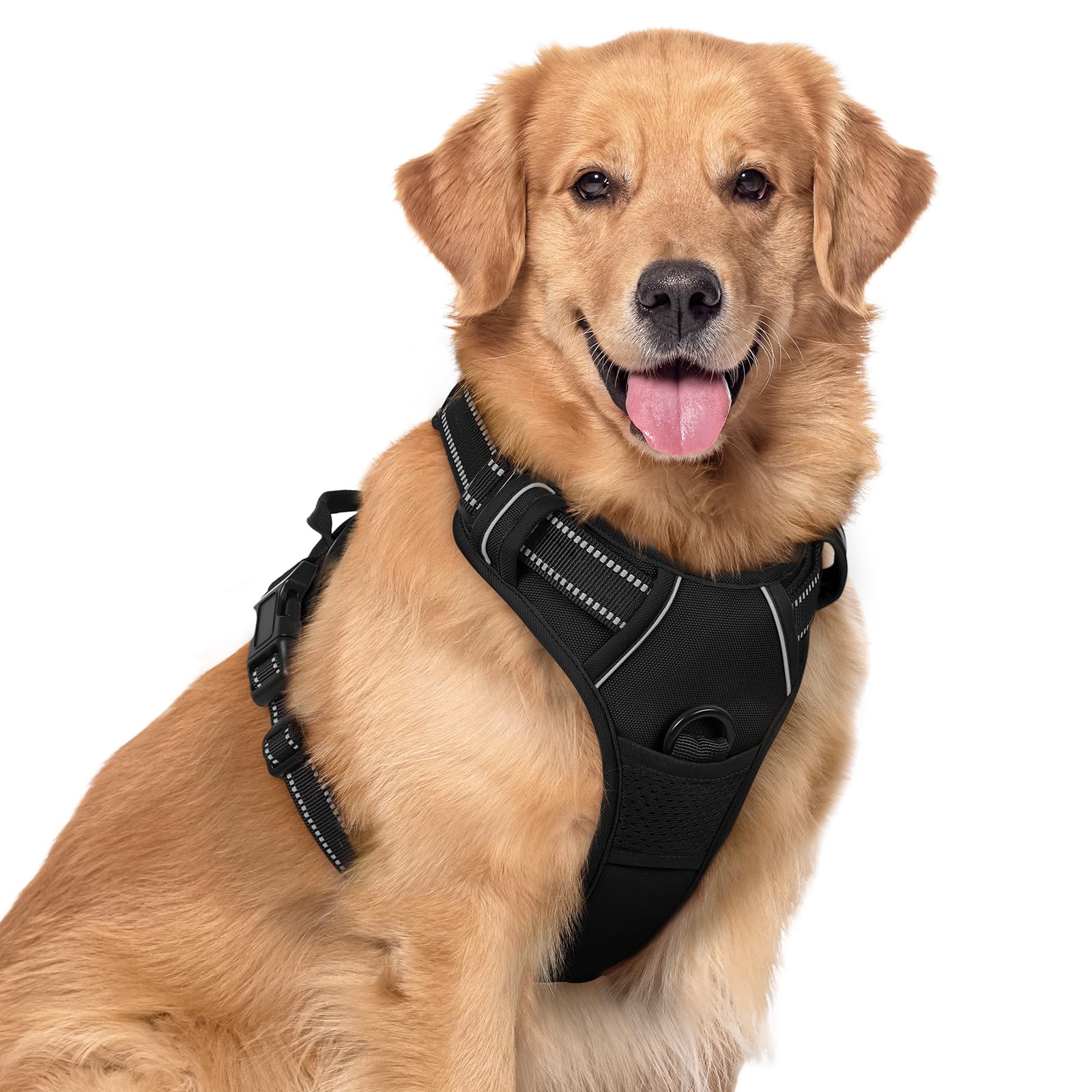rabbitgoo Hundegeschirr Grosse Hunde, Anti Zug Geschirr mit Kontrolle, No Pull Verstellbar Hundegeschirr Mittelgroße Hunde, Atmungsaktiv Reflexstreifen Brustgeschirr Sichere Führung, Schwarz, L