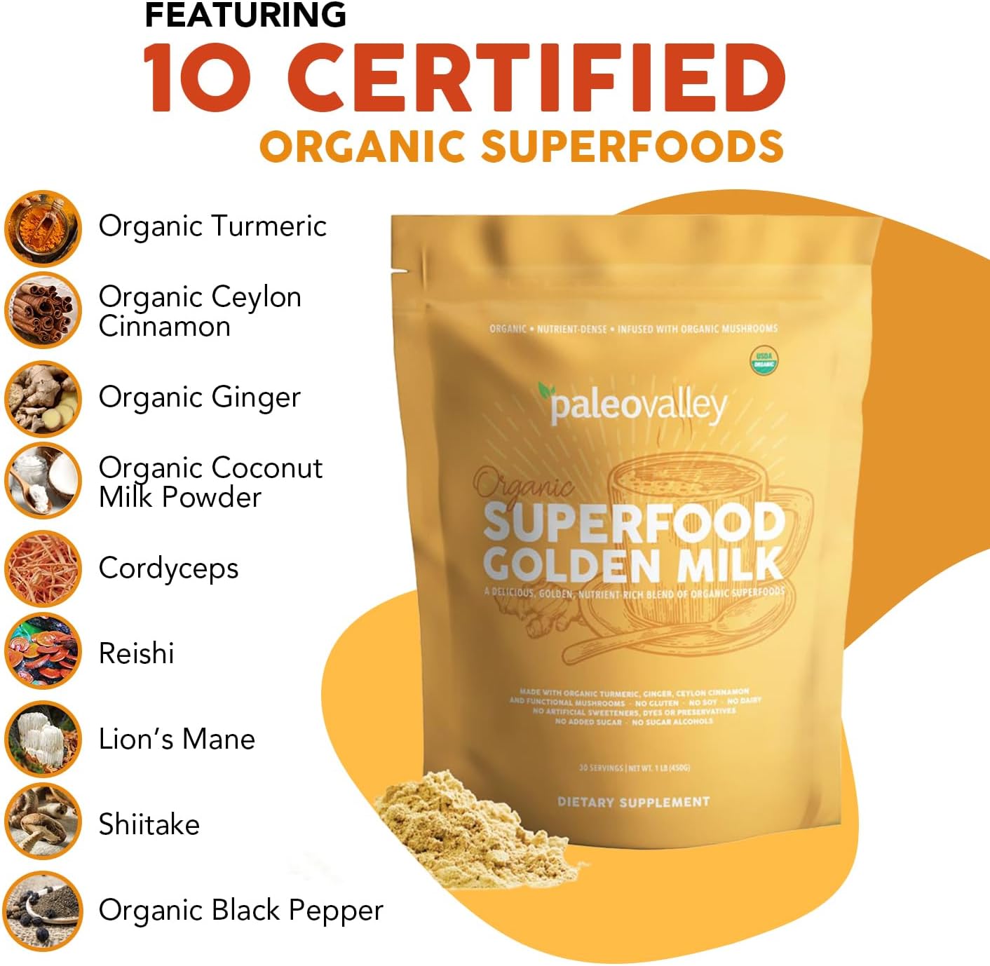Paleovalley Organic Superfood Golden Milk - Immune, Focus, Cognitive, Longevity - Turmeric, MCT-Rich Coconut Milk, Functional Mushrooms, 30 Servings
