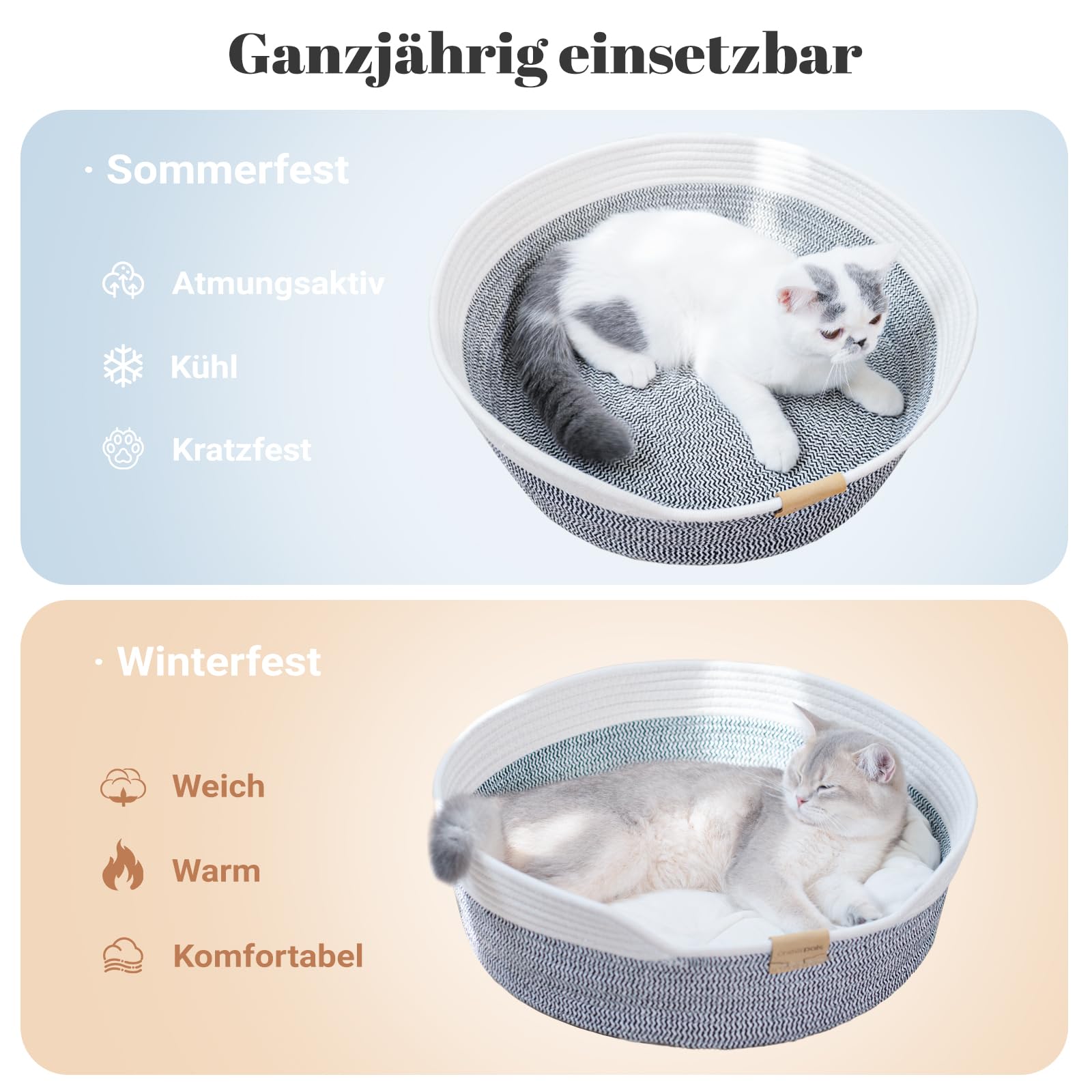 CheerPals Katzenbett mit Kissen, 47cm Waschbar Katzenkorb aus Baumwollseilen geflochten, zum Schlafen für Alle Katze, All Season Universal