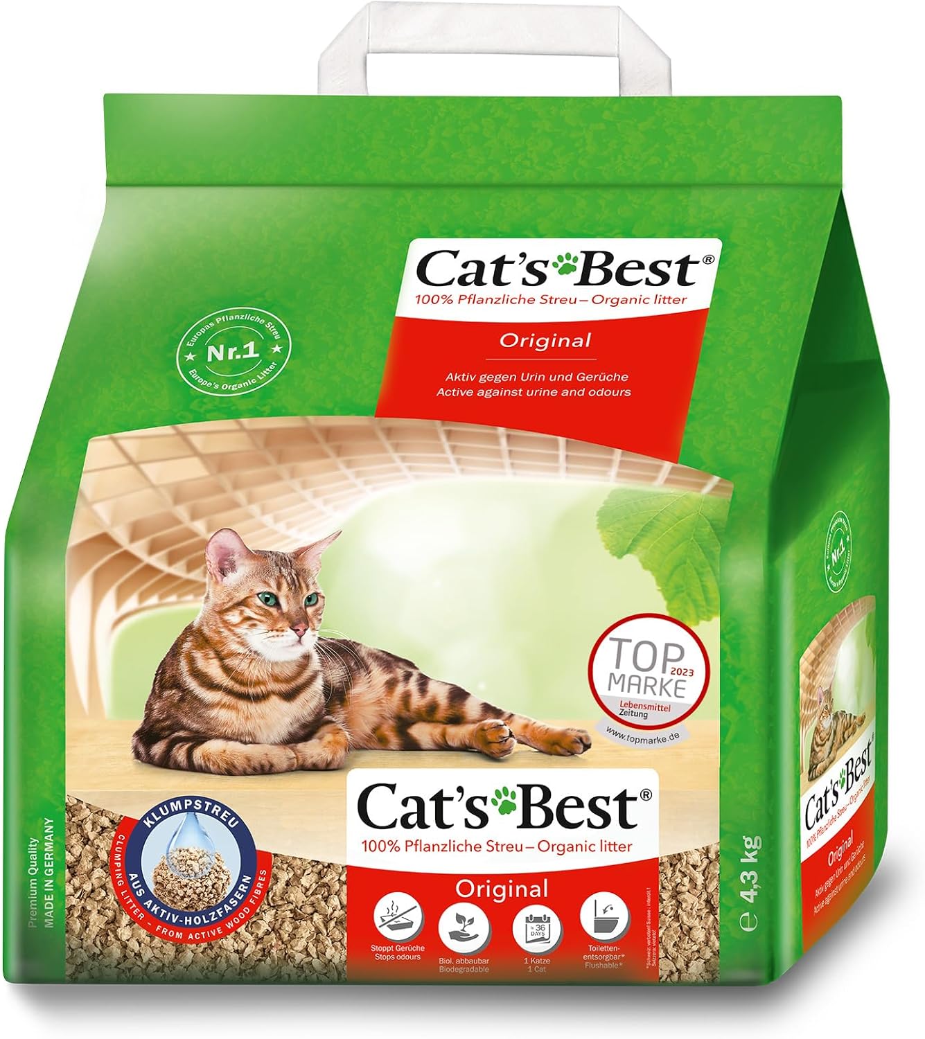 Cat’s Best Original Katzenstreu, 100% pflanzliches Katzenklumpstreu mit maximaler Saugfähigkeit – bekämpft Gerüche natürlich und aktiv, 8,6 kg/20 l (Verpackung kann variieren)