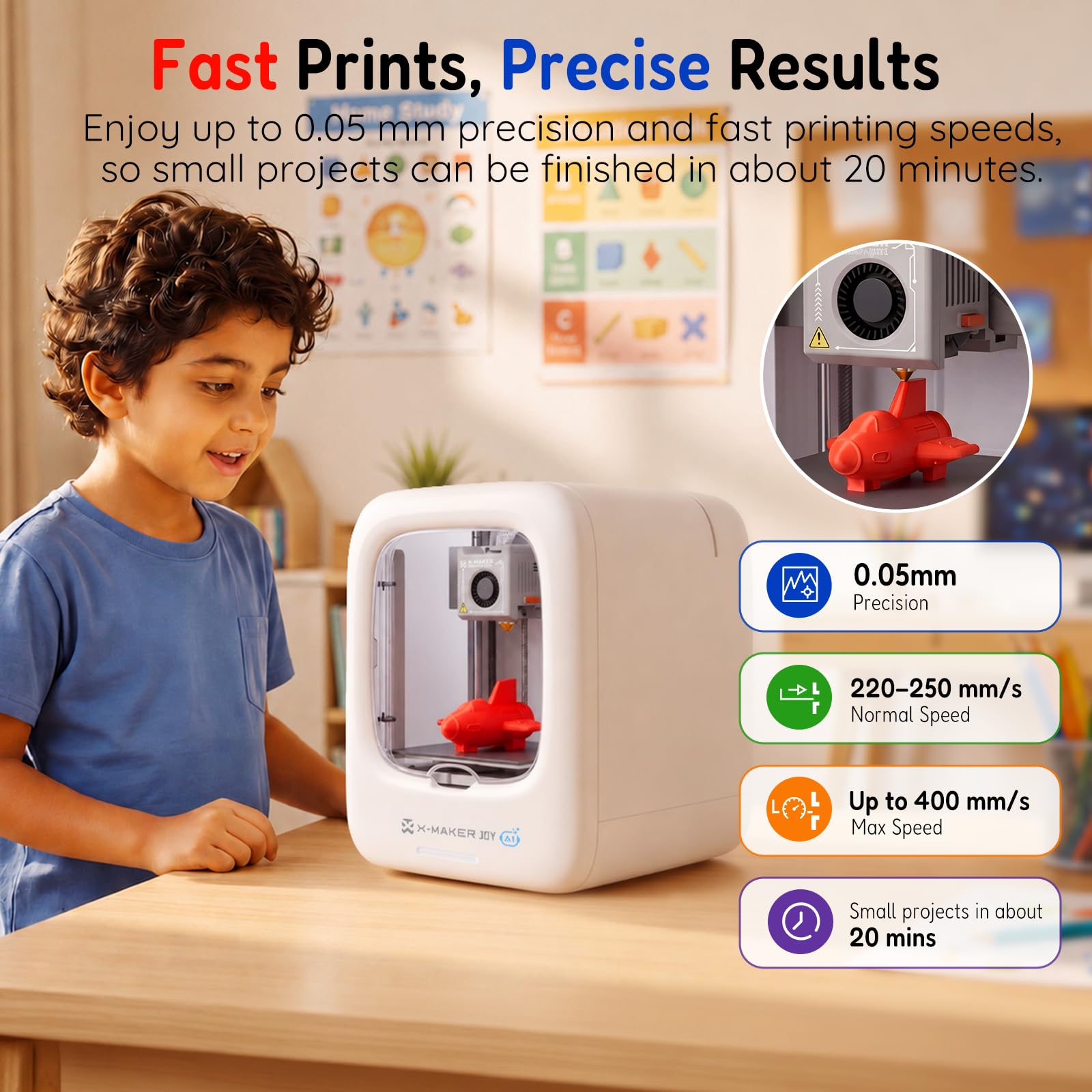 AOSEED 3D Printer for Kids, Fully Assembled AI 3D Printer with 8,000+ Models & 17+ Modules, 400mm/s High Speed, Leveling Free, STEM Toy Gift with 8 PLA Filaments for Home & School, X-Maker Joy AI+