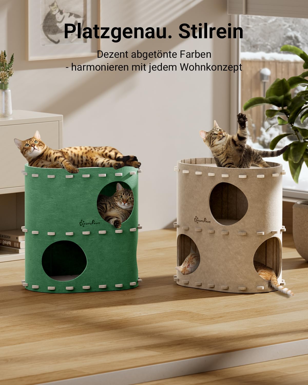 Katzenhöhle Filz, Katzenhaus aus Filz, Katzenbett, Katzenhöhle für Katzen, 58 x 33 x 30cm, Peek-a-Boo zum Spielen, Winterfest, Schutz der Katzennägel, Beige