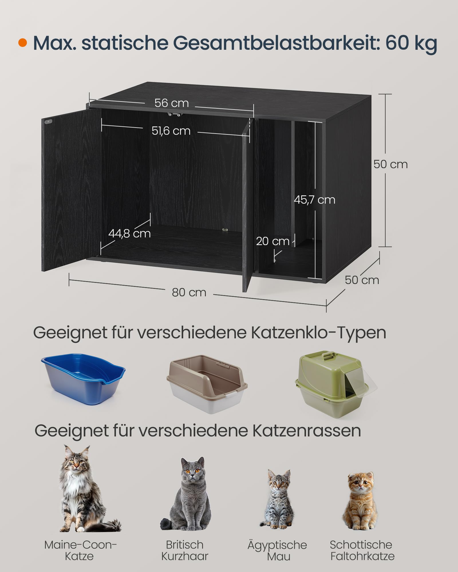 SONGMICS HOME Katzenklo Schrank, superschnelle werkzeuglose Montage, Toolless-Technologie, Katzenhaus für Katzentoilette, Werkzeuglose Montage, Push-to-Open, 80 x 53 x 50cm, schneeweiß PCL013W01