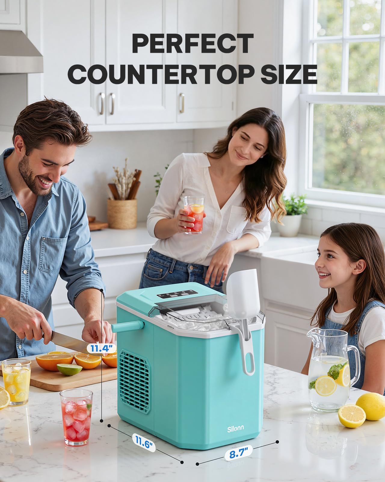 Silonn Ice Maker Countertop, Portable Ice Machine with Carry Handle, Self-Cleaning Ice Makers with Basket and Scoop, 9 Cubes in 6 Mins, 26 lbs per Day, Ideal for Home, Kitchen, Camping, RV