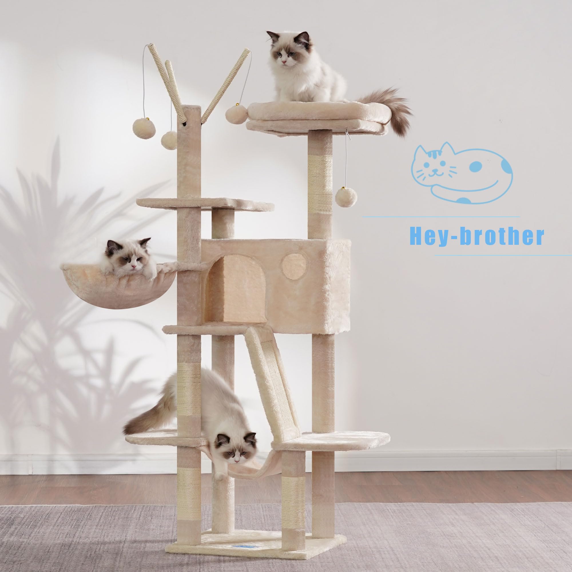 Hey-Brother Kratzbaum, 135 cm Indoor Katzenbaum, Mit gepolsterter Plattform Bett, Spielzeug Ball, Höhlen, Hängematte und Sisal Kratzbaum Katzenhaus, Hellgrau MPJ019-SW