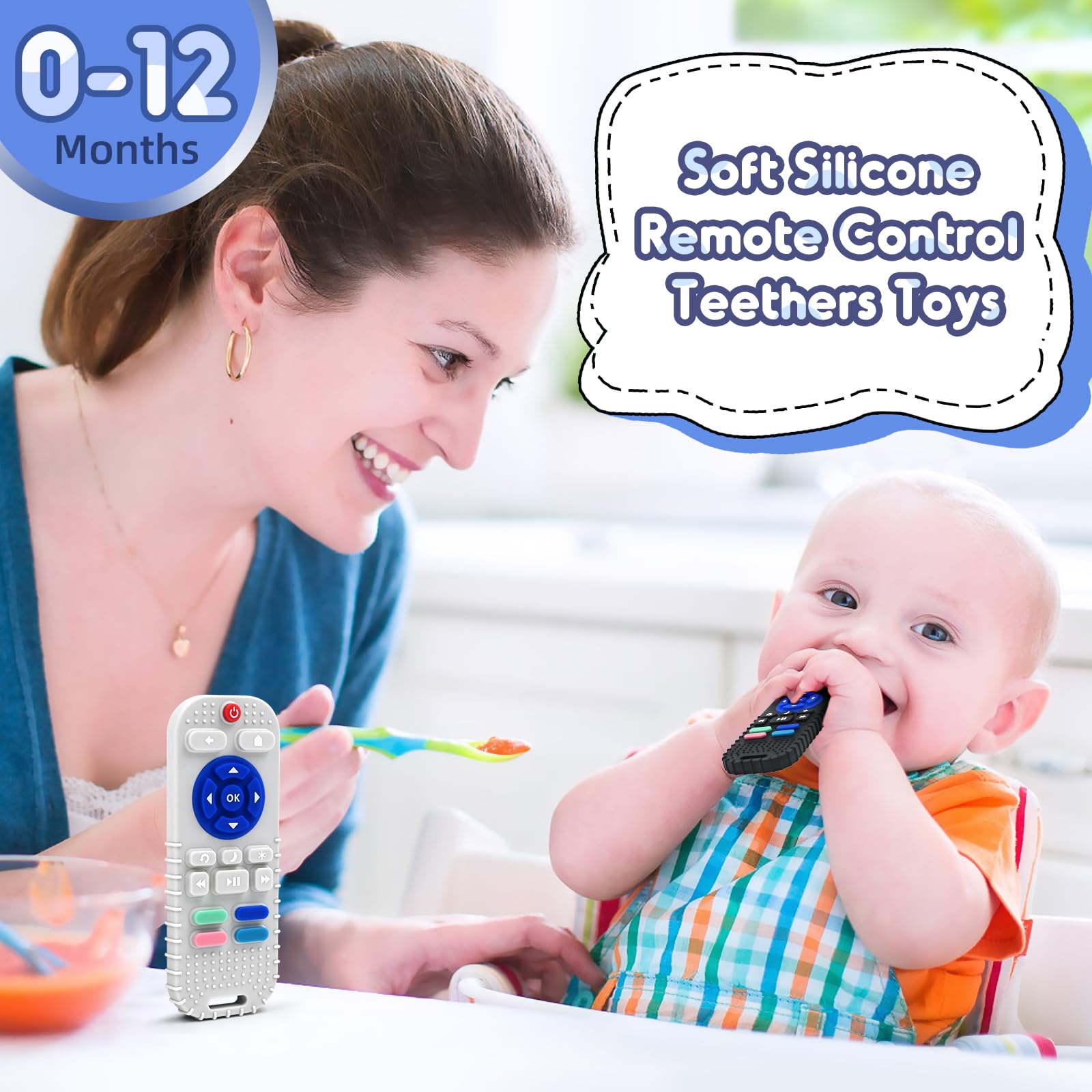 Zahnen Beißringe Spielzeug für Babys 3-6-12 Monate Geschenke, Fernbedienung Baby Zahnungshilfe für 7 8 9 Monate Kleinkind Autismus, Lebensmittelqualität Silikon Badespielzeug, Schwarz