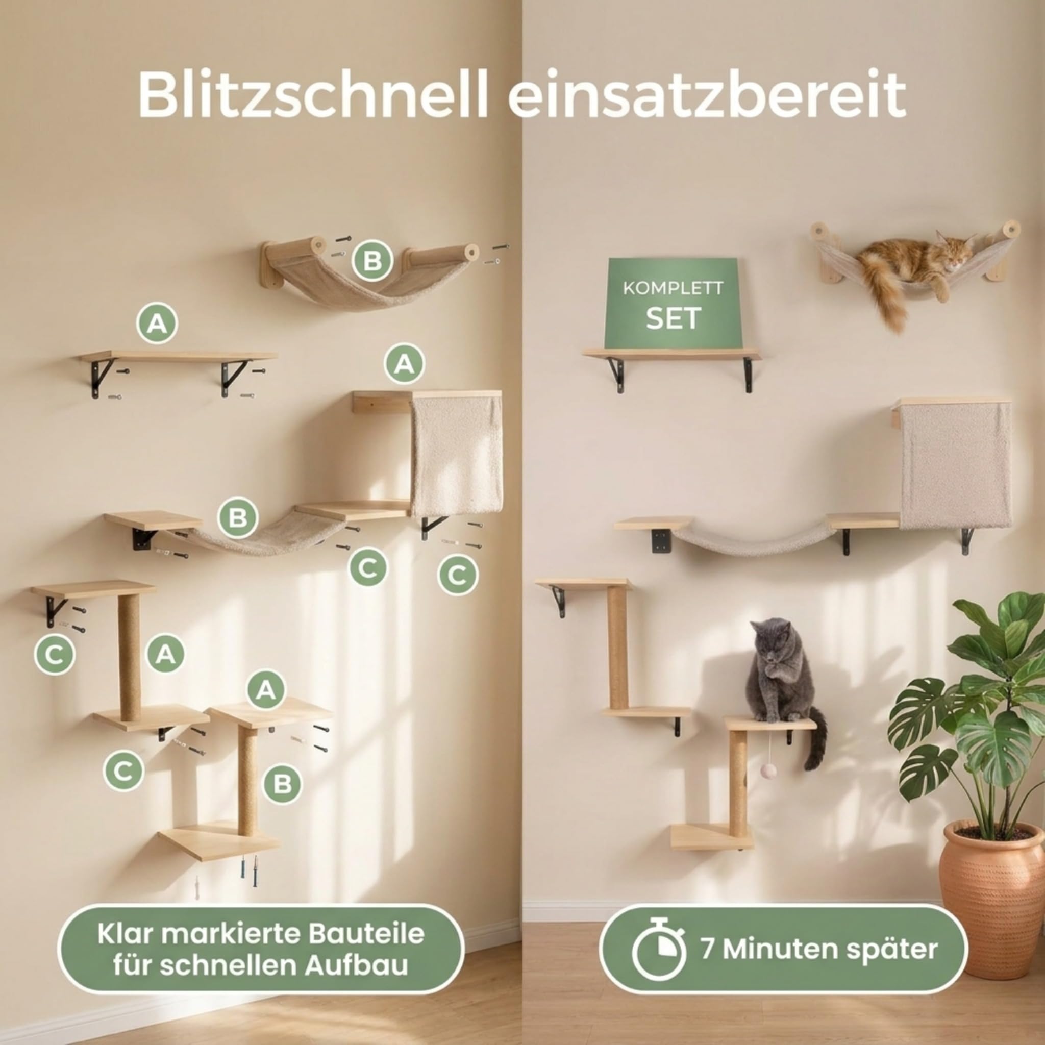 WOOWOOD® 2X Kletterwand Katzen - 3X Katzentreppe Wand [Beste Stabilität] - Kratzbaum Wand, Hängematte Katze, Wandkratzbaum, Katzenmöbel, Katzenwand, Katzen Kletterwand Set (5 teilig)
