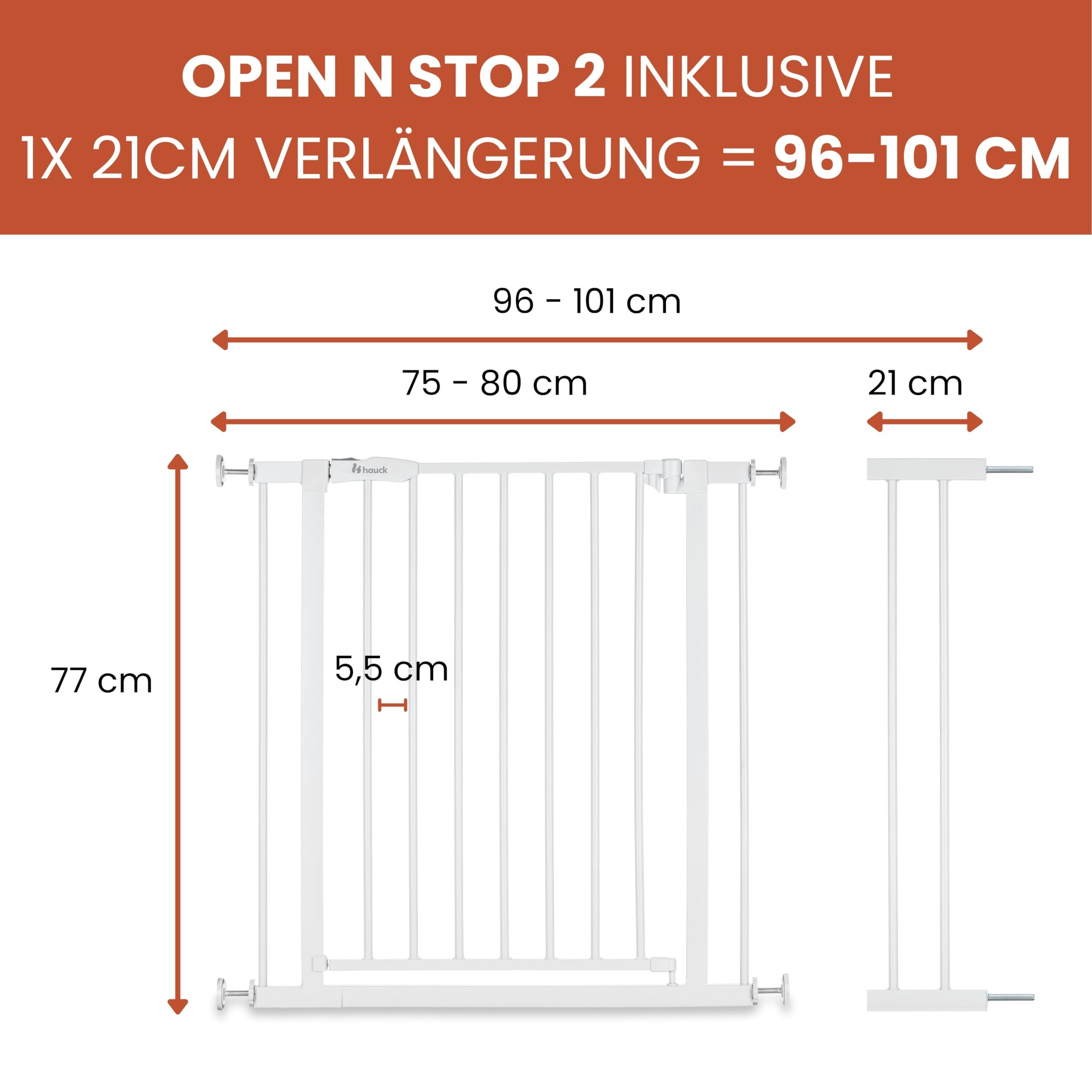 hauck Open N Stop 2 + 21 cm Verlängerung, Weiß - Kinderschutzgitter Hundegitter, Verstellbare Breite 96-101 cm, 77 cm Hoch, Beidseitige Einhand Öffnung, ohne Bohren, für Innen