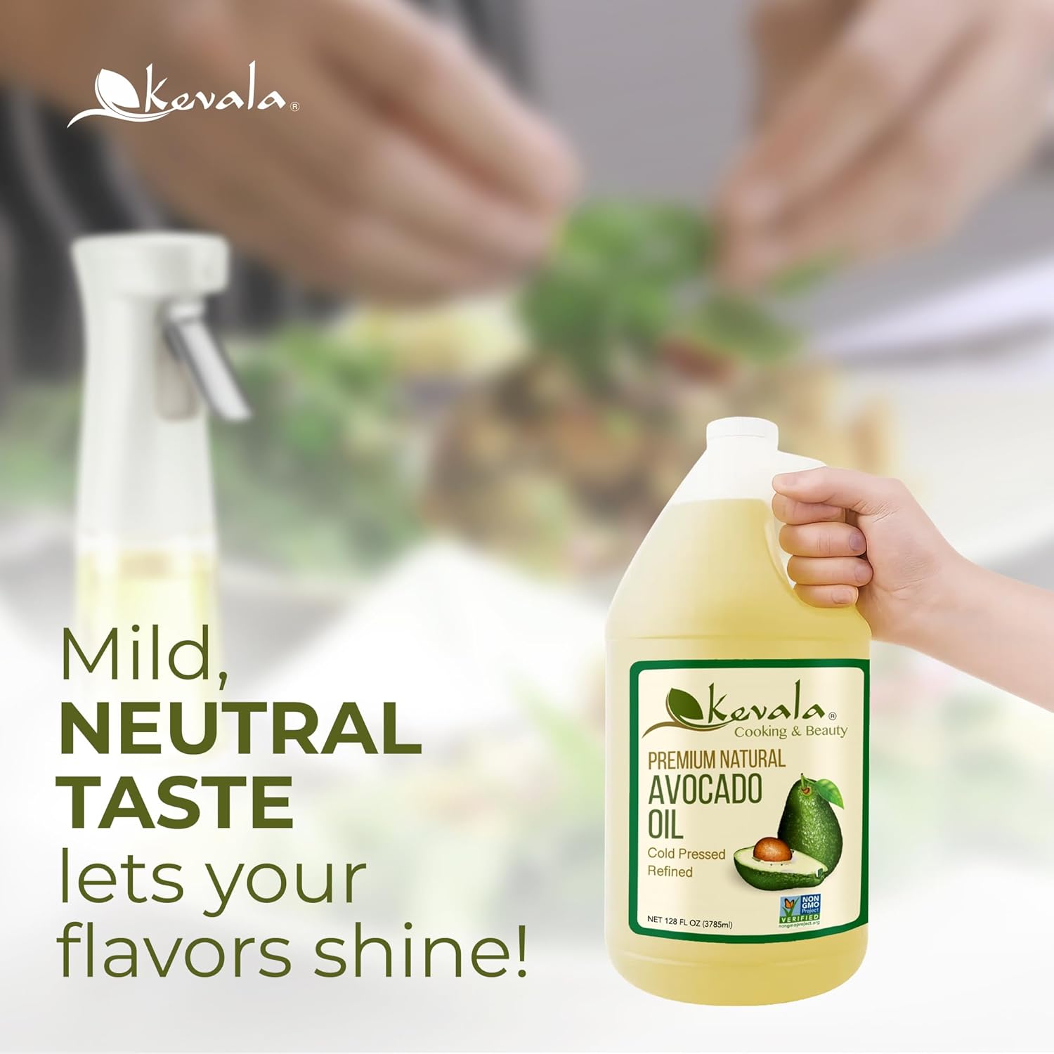 Kevala Avocado Oil – Cold Pressed | Non‑GMO Project Verified & Kosher | Multipurpose for High Smoke Point Cooking, Roasting, Sautéing & Skin Moisturizing – Ideal Kitchen Staple – 128 Fl Oz (Pack of 1)