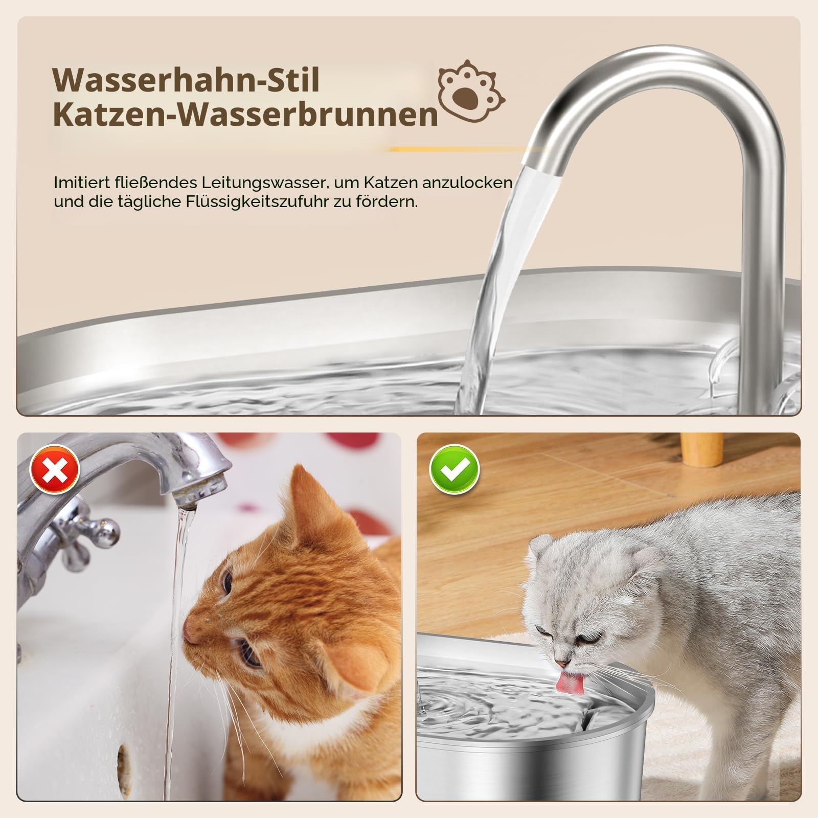 Invengo MeowFlow B30 Trinkbrunnen für Katzen, 2,2L Edelstahl-Haustierbrunnen mit sichtbarem Wasserfenster, einfach zu reinigen und installieren, inkl. 4 Ersatzfilter, spritzwassergeschütztes Design
