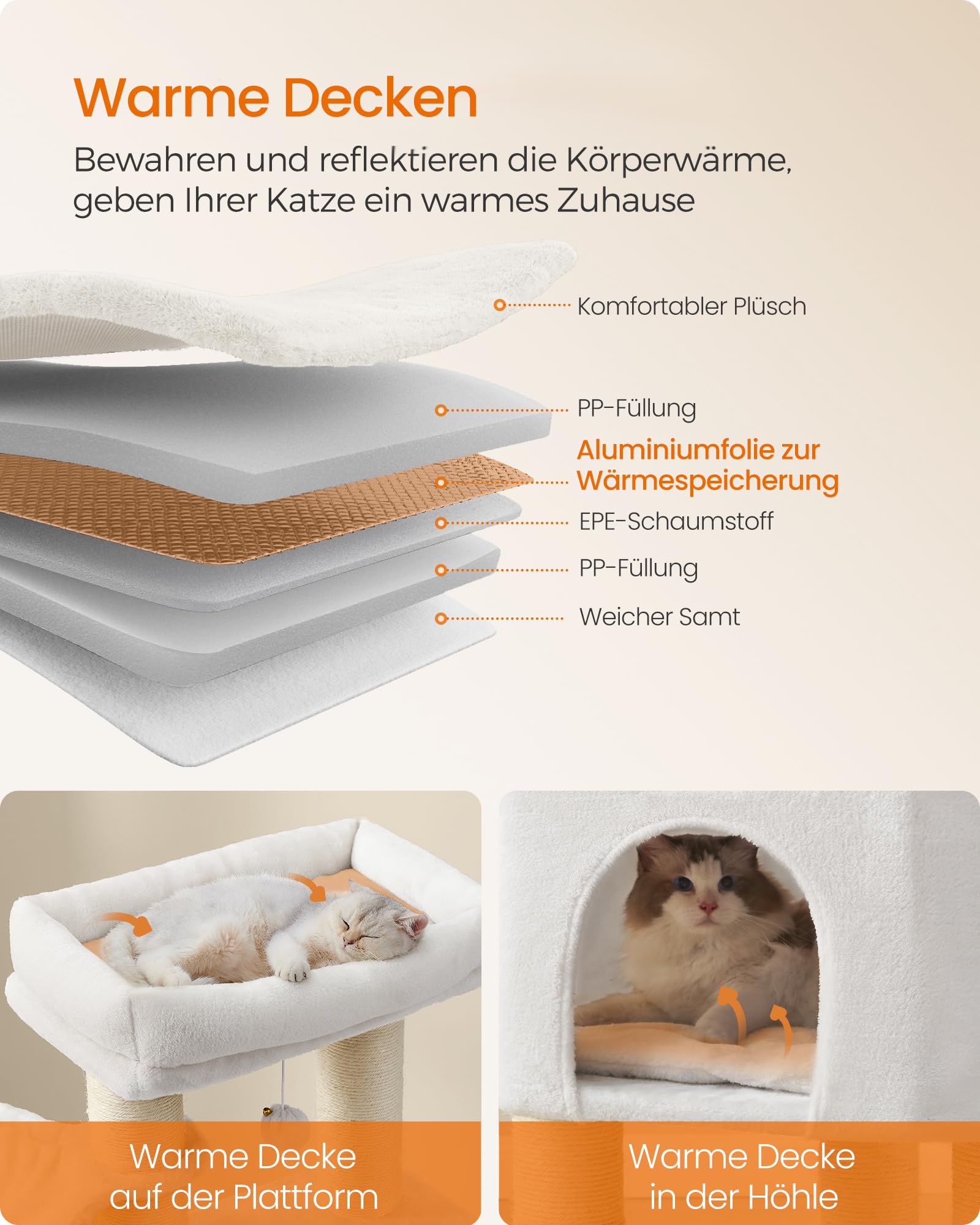 Feandrea Kratzbaum, mit warmen Decken, für große Katze, Katzenbaum, 2 Katzenbürsten, 11,1 cm d Dicke Stämme, große Plattformen, Höhle, 50 x 50 x 160 cm, Taubengrau-schwarz PCT003W01