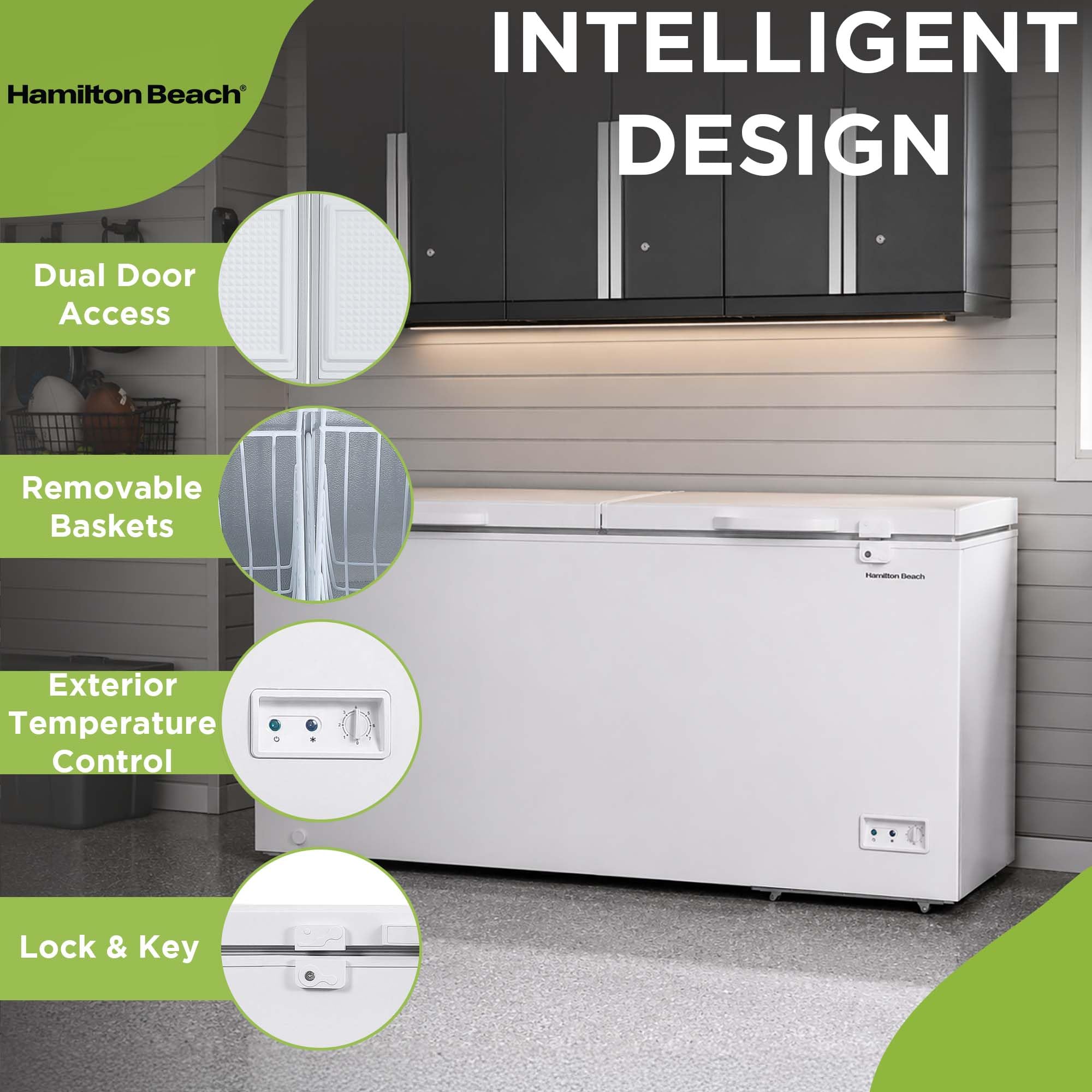 Hamilton Beach HBFRF2129 21 cu ft Double Door LID Garage-Ready Chest Freezer-White, Vinyl-Coated Baskets, Space-Saving Flat Back, Stay-Open, Front-Access Drain, for Storage, Hunting, Large Family