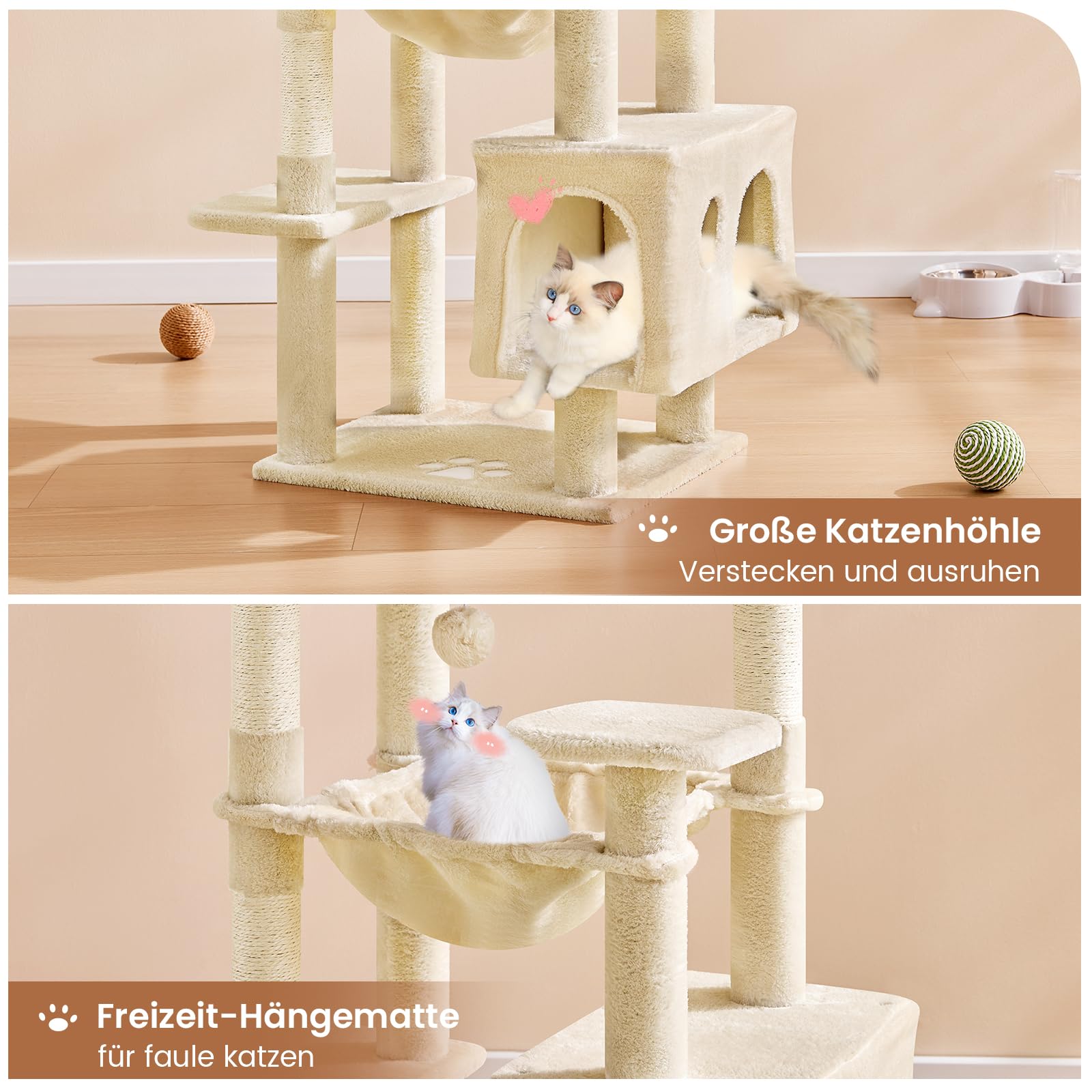MSmask Kratzbaum groß, L Katzenbaum Stabil, Katzenkratzbaum mit 2 Plattformen, 2 Katzenhöhlen, Hängematte, Sisalsäulen, mehrstöckiger Kletterbaum für Katzen (Hellgrau, 160 cm)