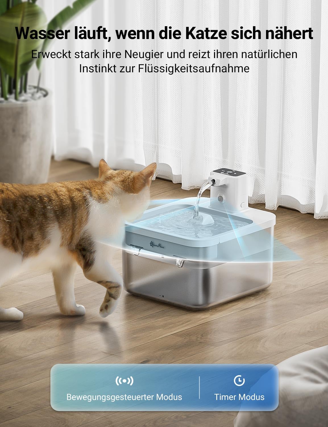 DownyPaws 2.5L Trinkbrunnen für Katze Kabellos, Katzenbrunnen Kabellos mit Bewegungsmelder, Batteriebetrieben Katzentrinkbrunnen, 4000mAh, Leise Wasserpumpe, Tablett aus Edelstahl für Katze, Schwarz