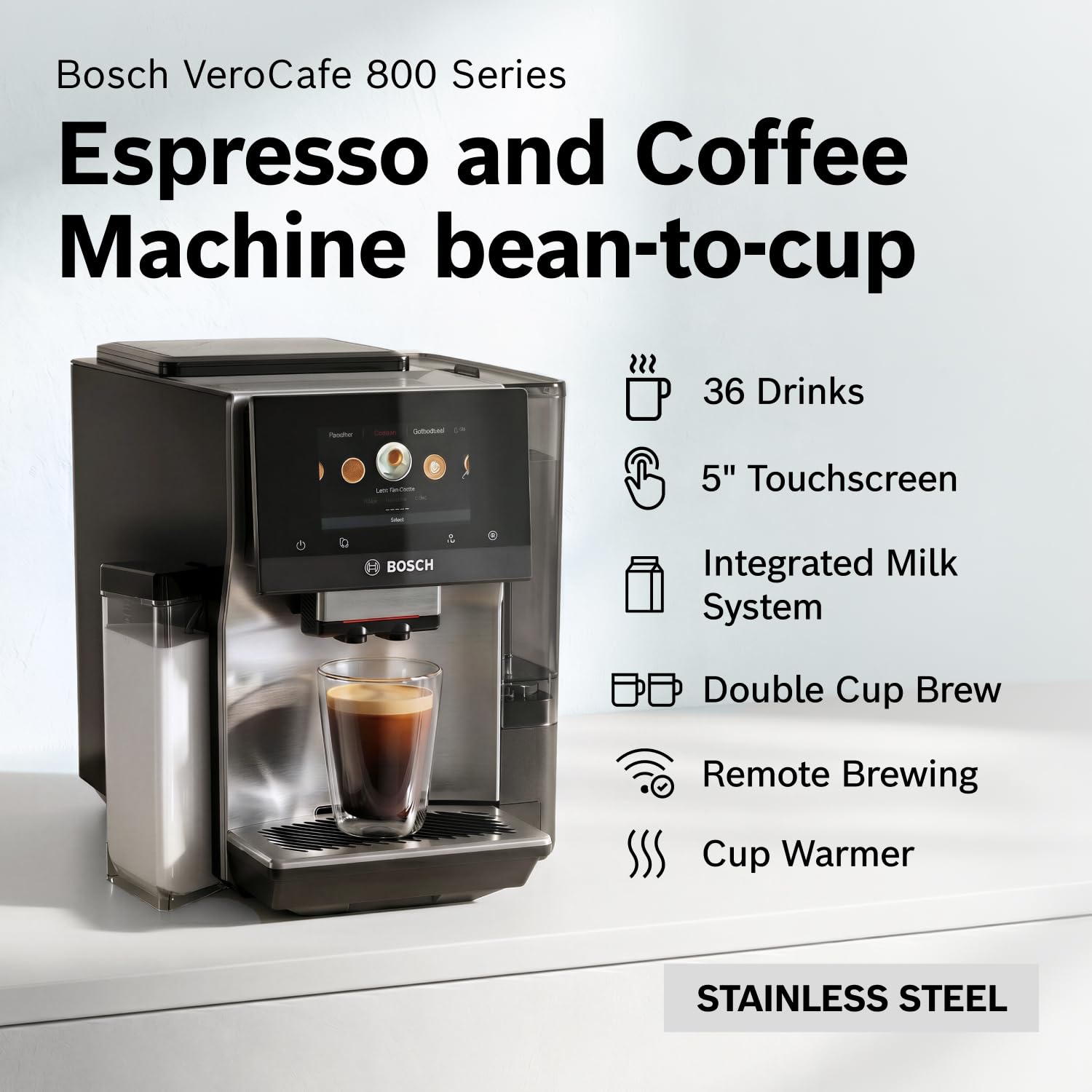 Bosch Fully Automatic Coffee and Espresso Machine - 36 Drinks, Double Cup Barista Style Super Coffee Maker - Touchscreen, Large Bean Capacity - Easy Clean, Maintenance - Silver - TQU60307