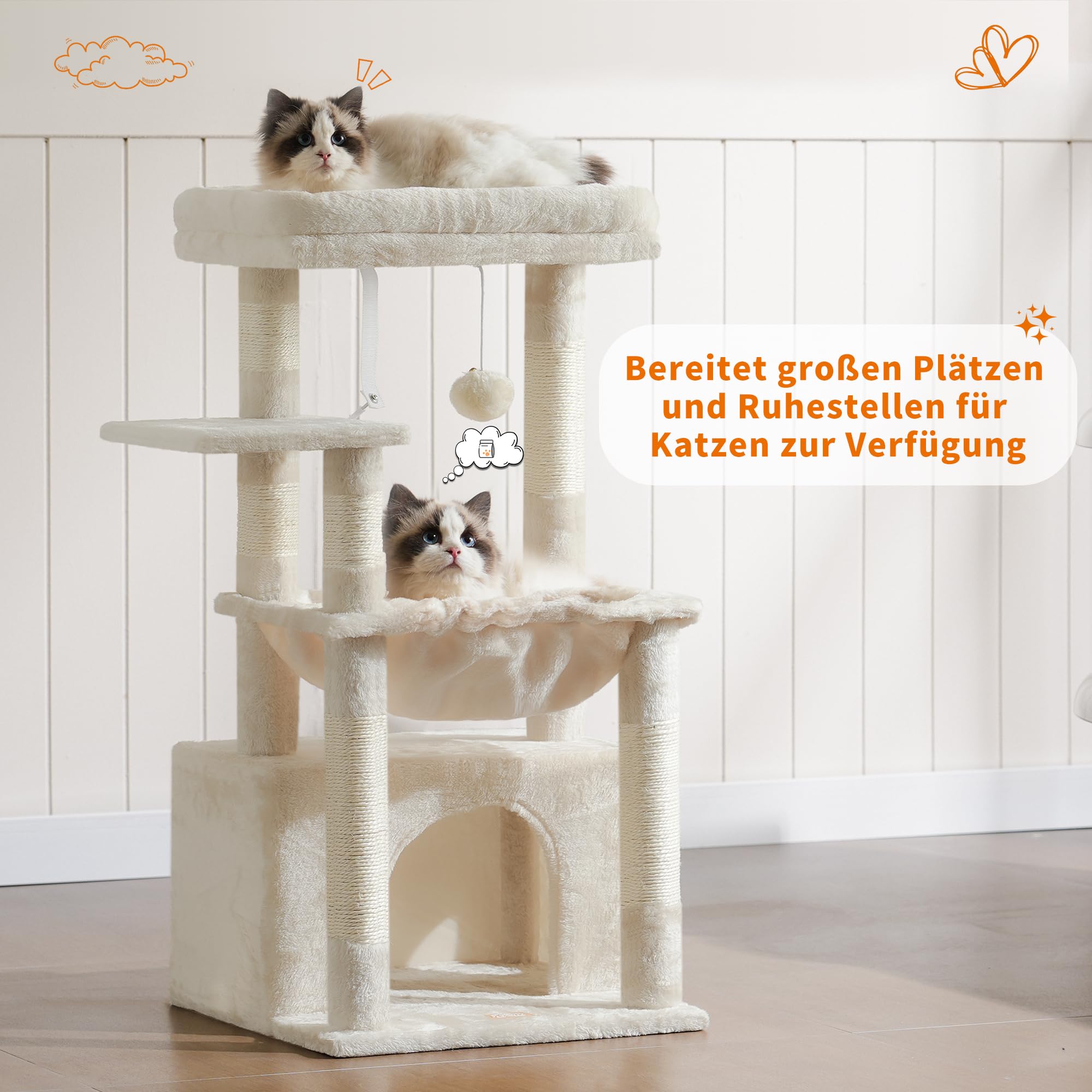 Heybly Kratzbaum, Katzenbaum mit Extra Großem, Weichem Katzenkorb, Katzenkratzbaum mit Geräumigem Katzenbett und Verstecktem Schlafplatz, Robusten Sisal-Kratzsäulen, Hellgrau HCT008SW