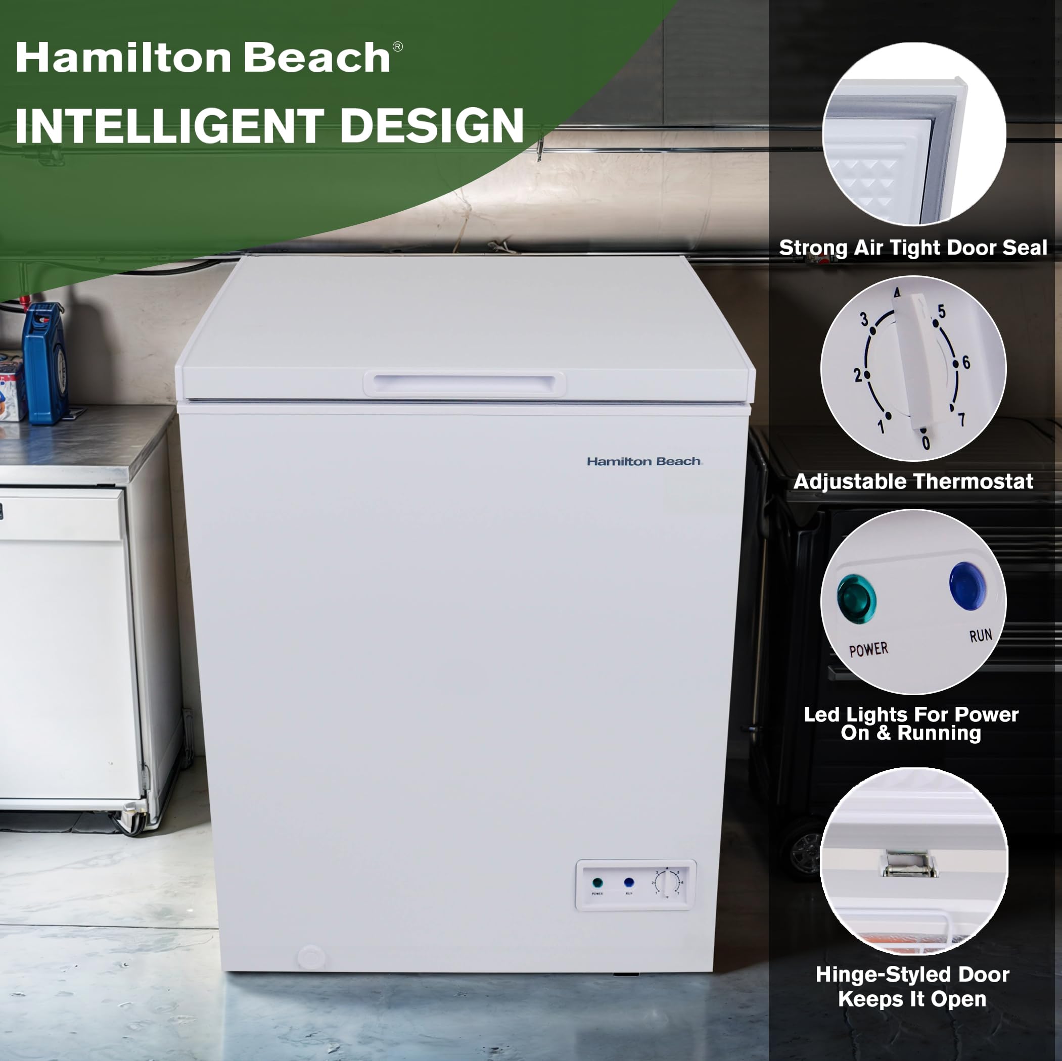 Hamilton Beach HBFRF2129 21 cu ft Double Door LID Garage-Ready Chest Freezer-White, Vinyl-Coated Baskets, Space-Saving Flat Back, Stay-Open, Front-Access Drain, for Storage, Hunting, Large Family