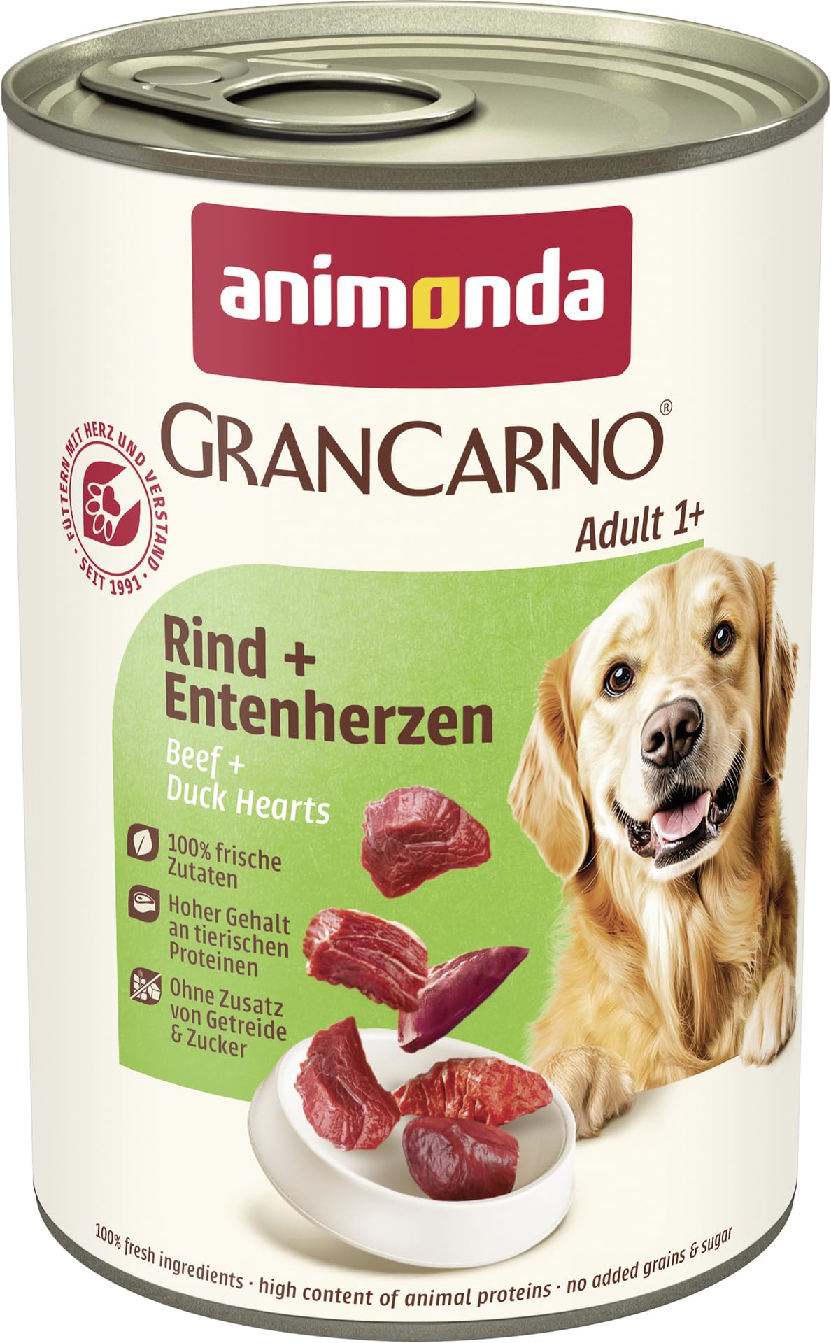 animonda GranCarno Hunde Nassfutter mit Rind + Entenherzen (6 x 800 g), getreidefreies Hundenassfutter ohne Zucker, für ausgewachsene Hunde, mit frischen fleischigen Zutaten