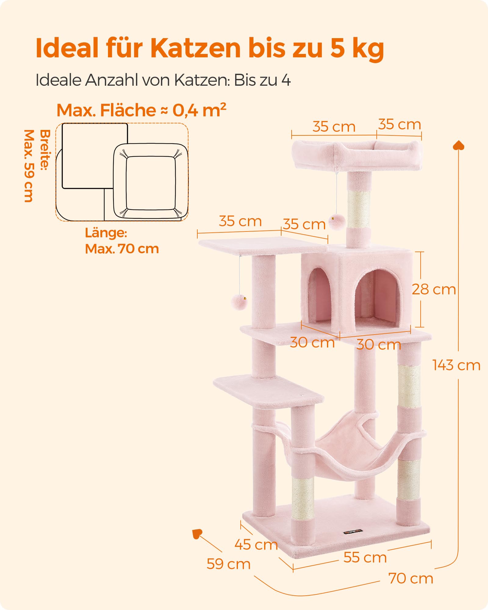 Feandrea Kratzbaum, 143 cm hoch, Katzenbaum, mehrstöckiges Katzenhaus, mit 4 Kratzsäulen, 2 Plattformen, Hängematte, Höhle, hellgrau PCT161W01