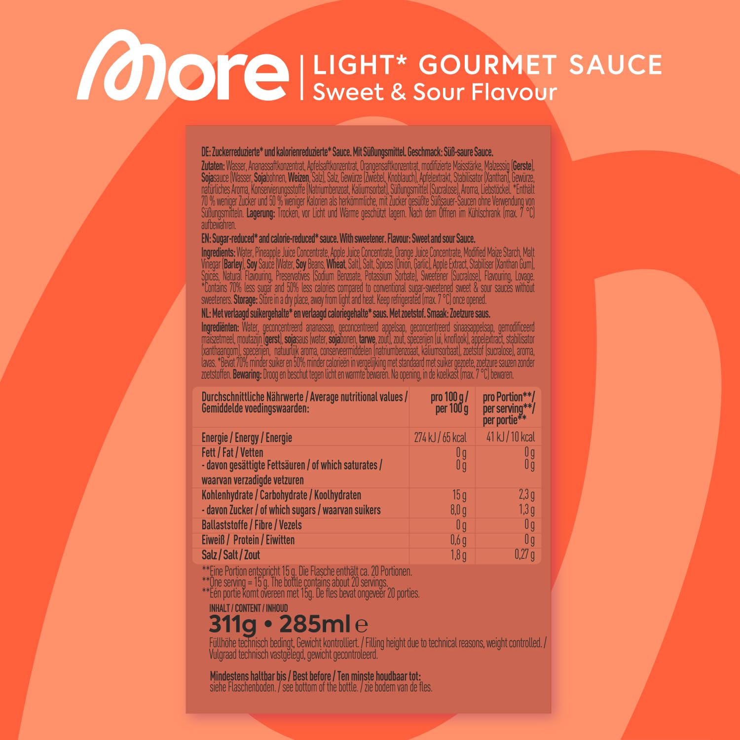 MORE NUTRITION Light Gourmet Sauce, 285ml - BBQ, kalorienreduzierte Sauce, ohne Zuckerzusatz und unnötigem Fett