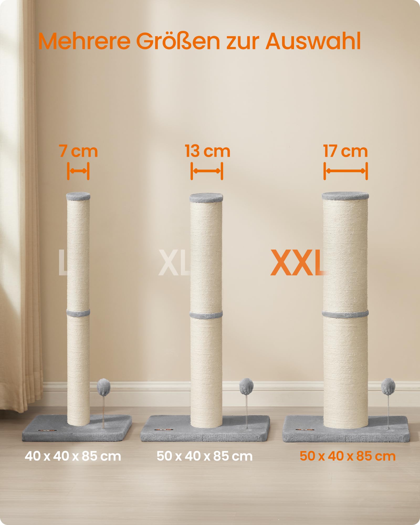 Feandrea Kratzbaum, 85 cm hoch, Kratzsäule XL, 13 cm Dicker Stamm, Katzenbaum, Kratzstamm für mittelgroße und große Katzen, Sisalstamm, mit Plüschball und Glocke, Taubengrau PCA041G01