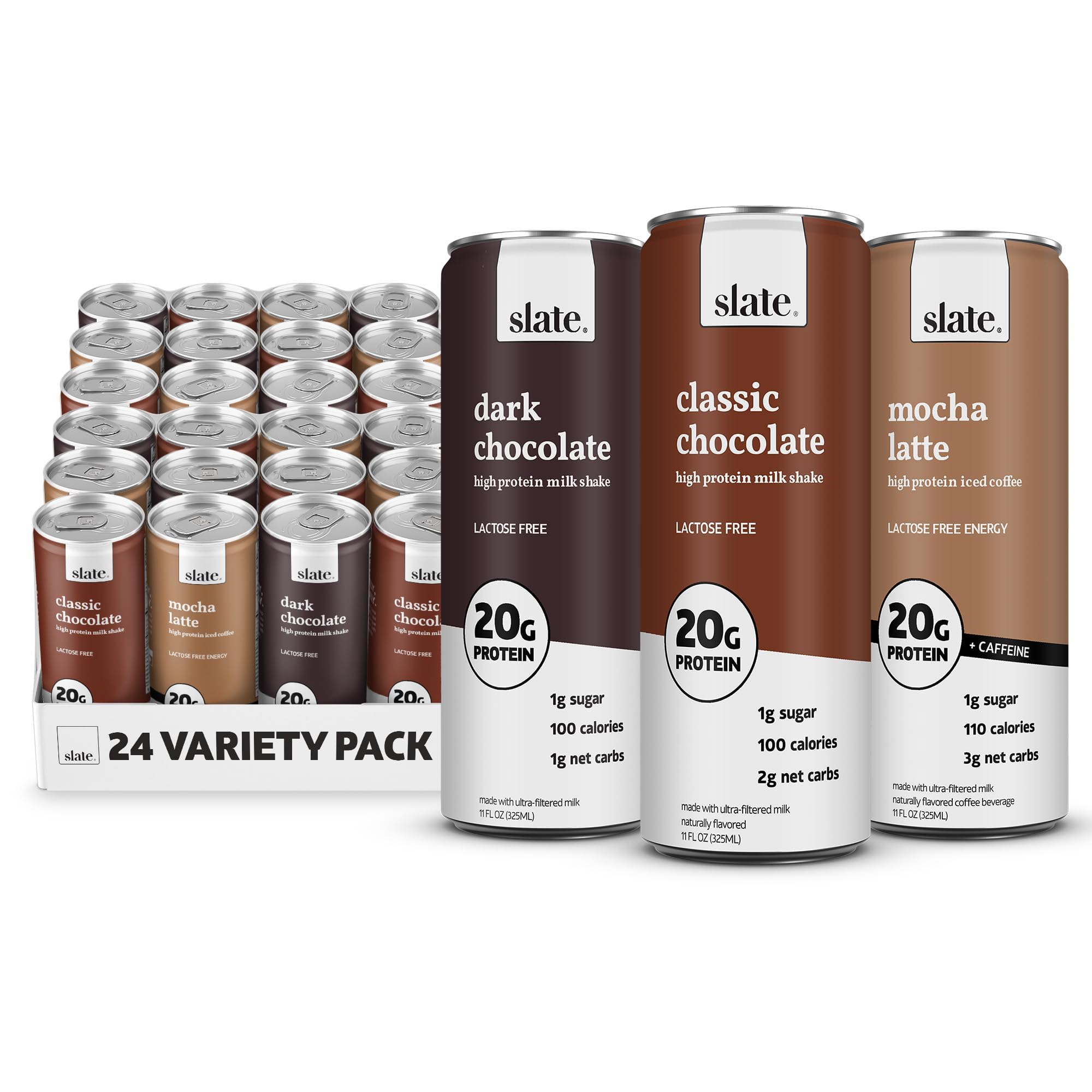 Slate Milk - High Protein Milkshake - French Vanilla - Lactose-Free, 20g Protein, 1g Sugar, 100 Calories, 1g Net Carbs, No Added Sugar - Natural, Breakfast Boost, Post Workout - 11 fl oz, 12 Cans
