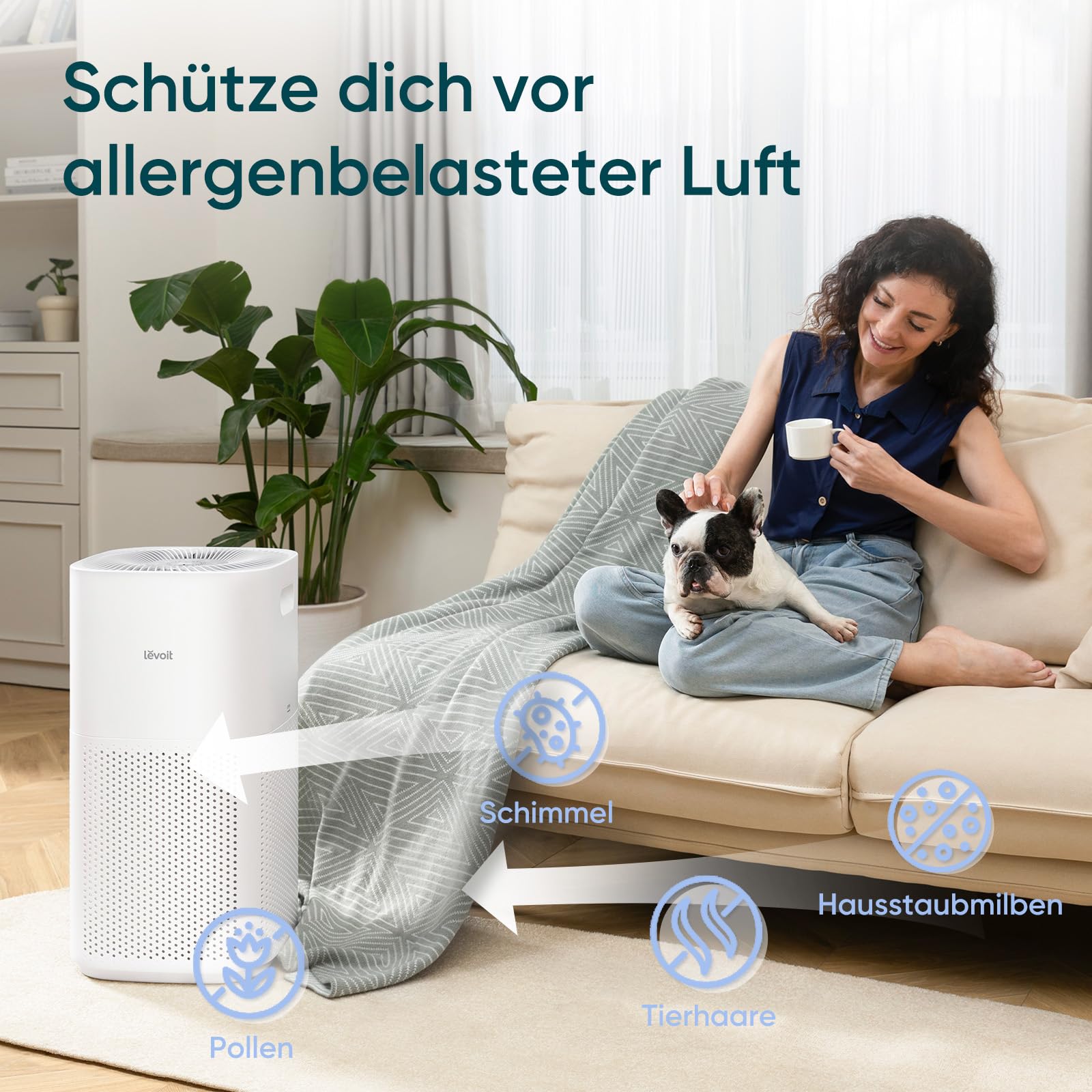 Levoit Luftreiniger mit HEPA Luftfilter gegen 99,97 Prozent Schimmel Staub Pollen Tierhaare, Luftqualitäts-Feedback und Auto-Modus, CADR 240m³/h für Raucherzimmer, bis zu 50m², Weiß