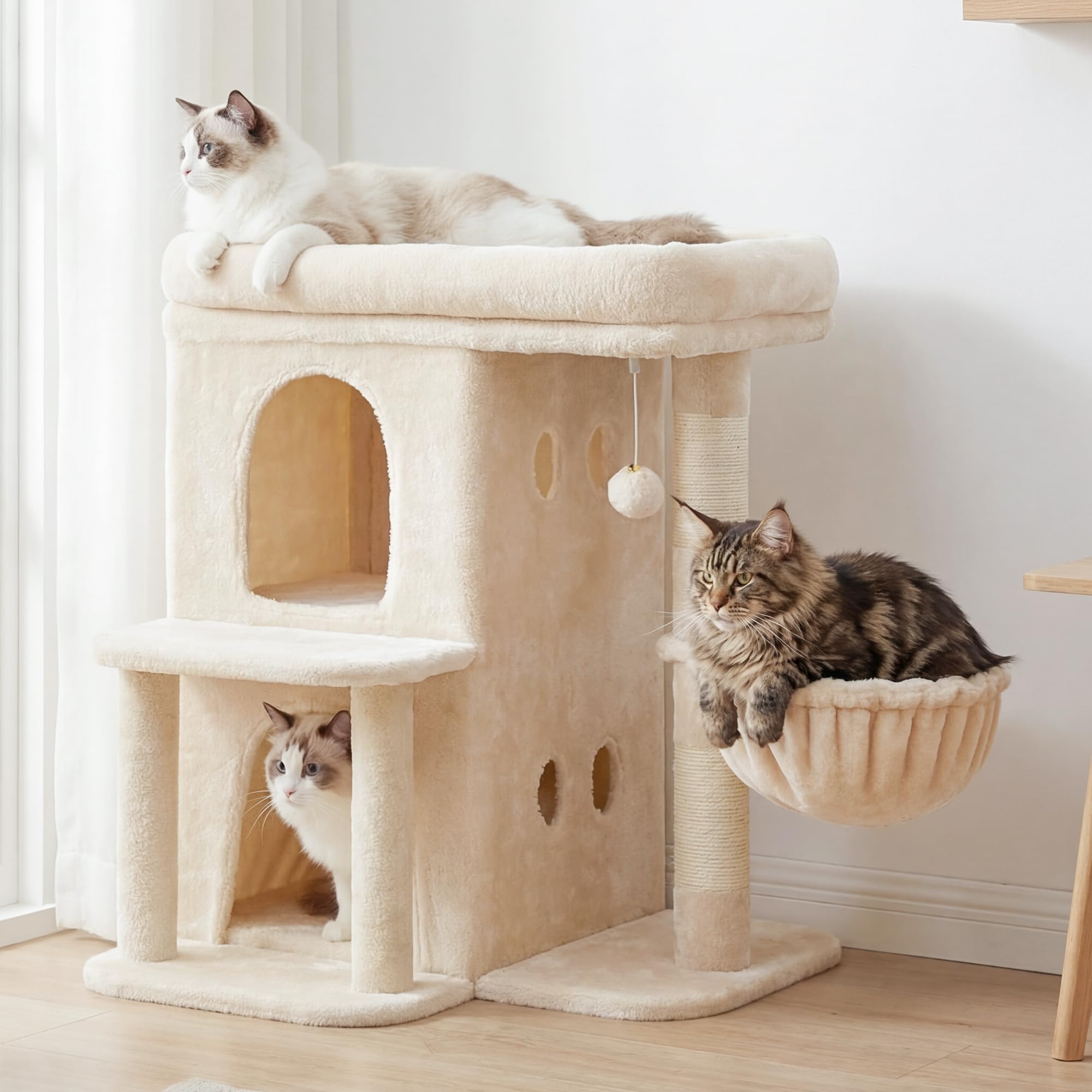 Heybly Kratzbaum, 65 cm Hoher Katzenbaum mit Extra-Großer Plattform, Gestuftes Katzenmöbel mit Doppelhaus, Inklusive Sisal-Kratzsäule, Katzenkorb und Spielzeug für Katzen, Hellgrau HCT204SW
