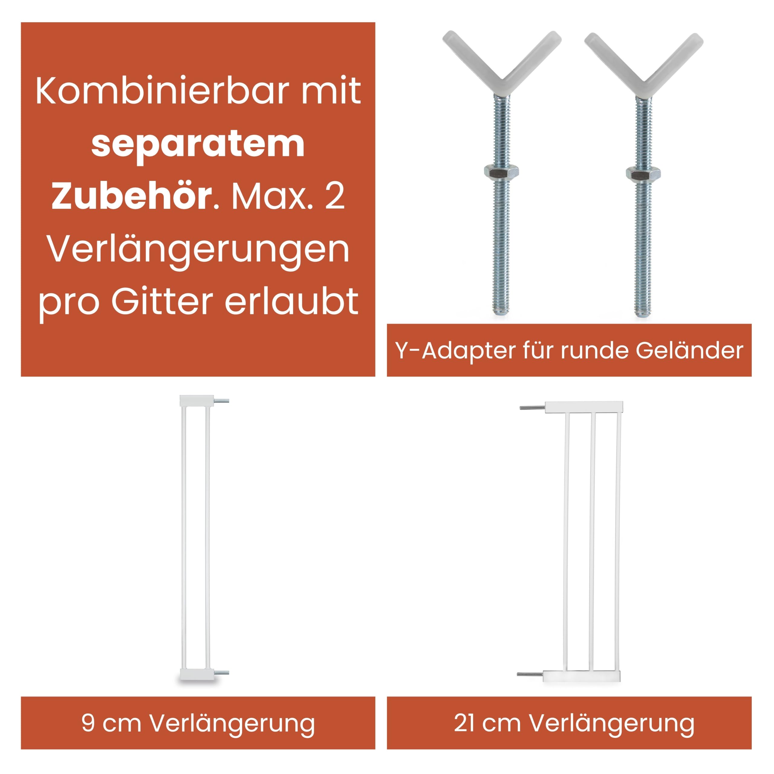 hauck Open N Stop 2 + 21 cm Verlängerung, Weiß - Kinderschutzgitter Hundegitter, Verstellbare Breite 96-101 cm, 77 cm Hoch, Beidseitige Einhand Öffnung, ohne Bohren, für Innen