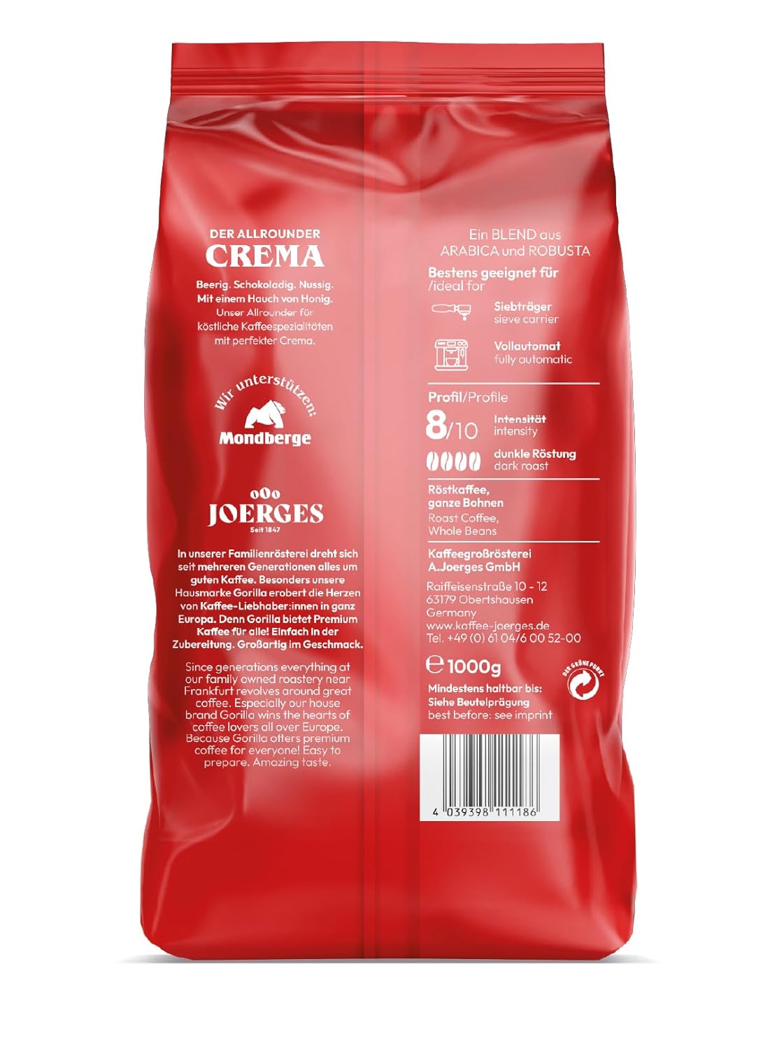 Joerges Gorilla Super Bar Crema Kaffeebohnen 1 kg Vollmundiger Geschmack, intensives Aroma in jeder Tasse
