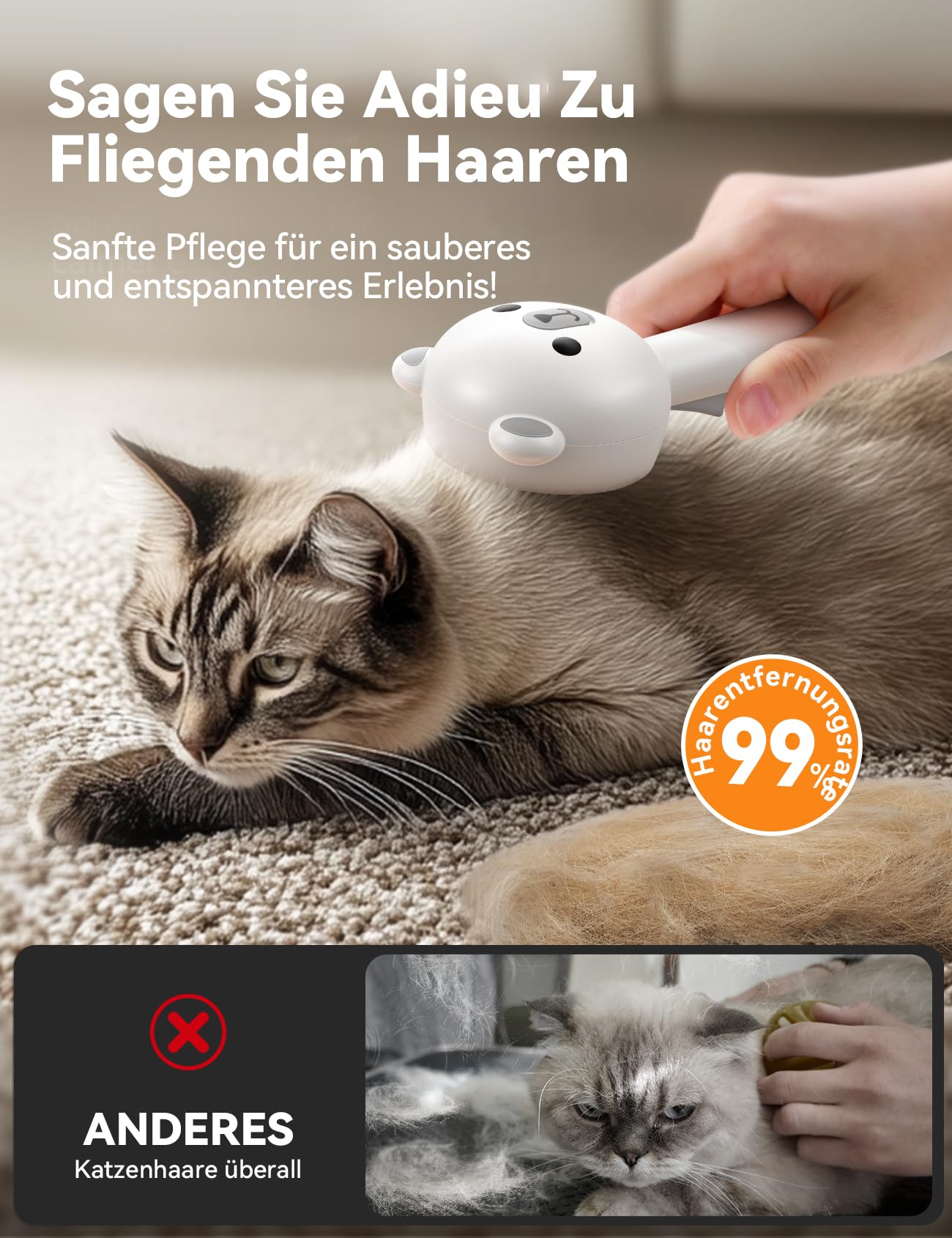 FEELNEEDY Katzenbürste mit Dampf, Furminator Katze mit Auslöseknopf Wassertank, Dampfbürste Katze für Langhaar/Kurzhaar Hunde Katz, USB aufladbar, Zwei-Geschwindigkeits-Sprühfunktion