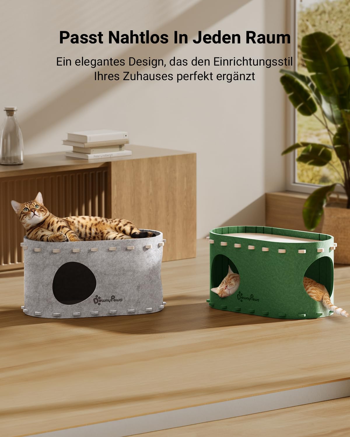 Katzenhöhle Filz, Katzenhaus aus Filz, Katzenbett, Katzenhöhle für Katzen, 58 x 33 x 30cm, Peek-a-Boo zum Spielen, Winterfest, Schutz der Katzennägel, Beige