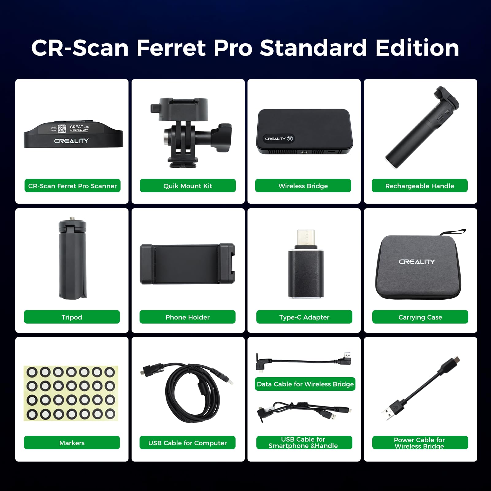 3D Scanner Creality Ferret Pro 0.1mm Accuracy Handheld Scanner with Wireless Scanning Anti-Shake Tracking Fast Full-Color Scan for iOS/Android Phone PC Win 10/11