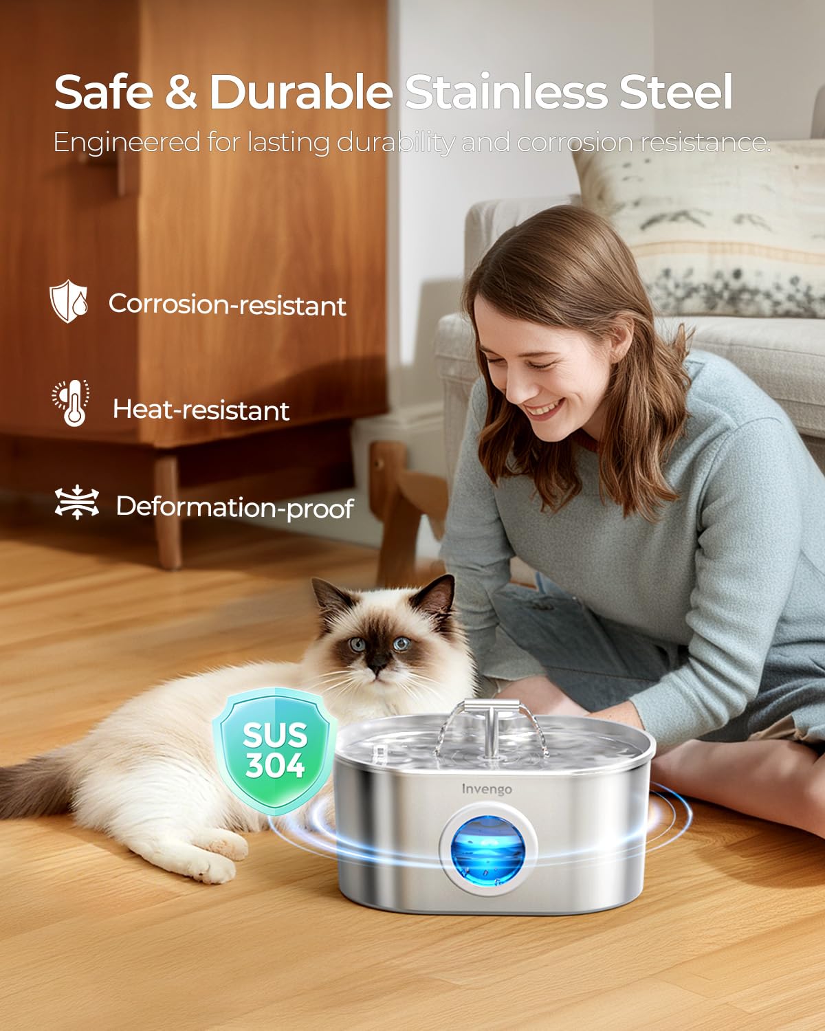 Invengo MeowFlow B30 Trinkbrunnen für Katzen, 2,2L Edelstahl-Haustierbrunnen mit sichtbarem Wasserfenster, einfach zu reinigen und installieren, inkl. 4 Ersatzfilter, spritzwassergeschütztes Design