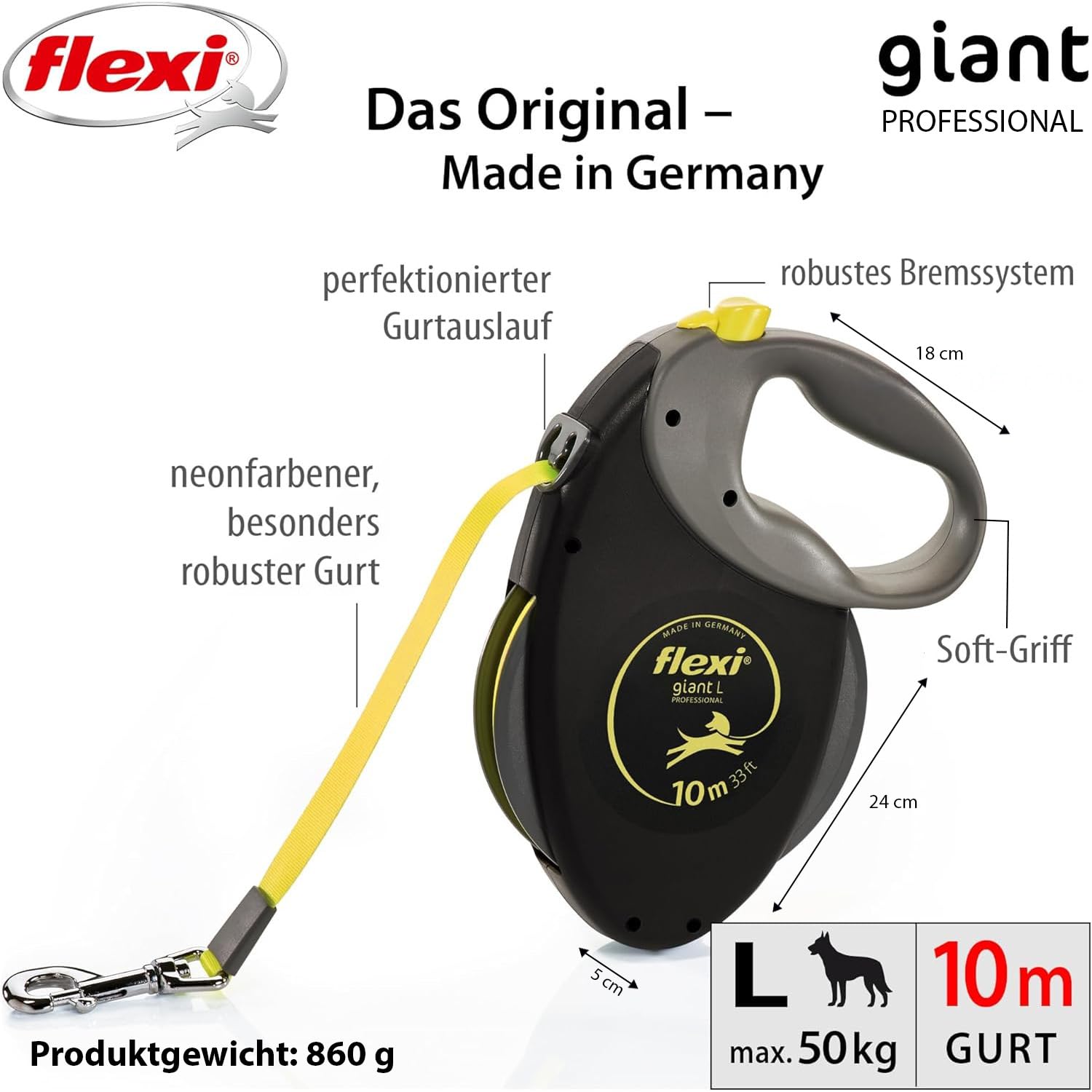flexi® Giant S/M | 8m Gurt Roll-Leine für Hunde bis 25 kg | schwarz/neon-gelb | ausziehbare Hundeleine | Gewicht 438.4 gr | Maße 15.3 x 19.2 cm