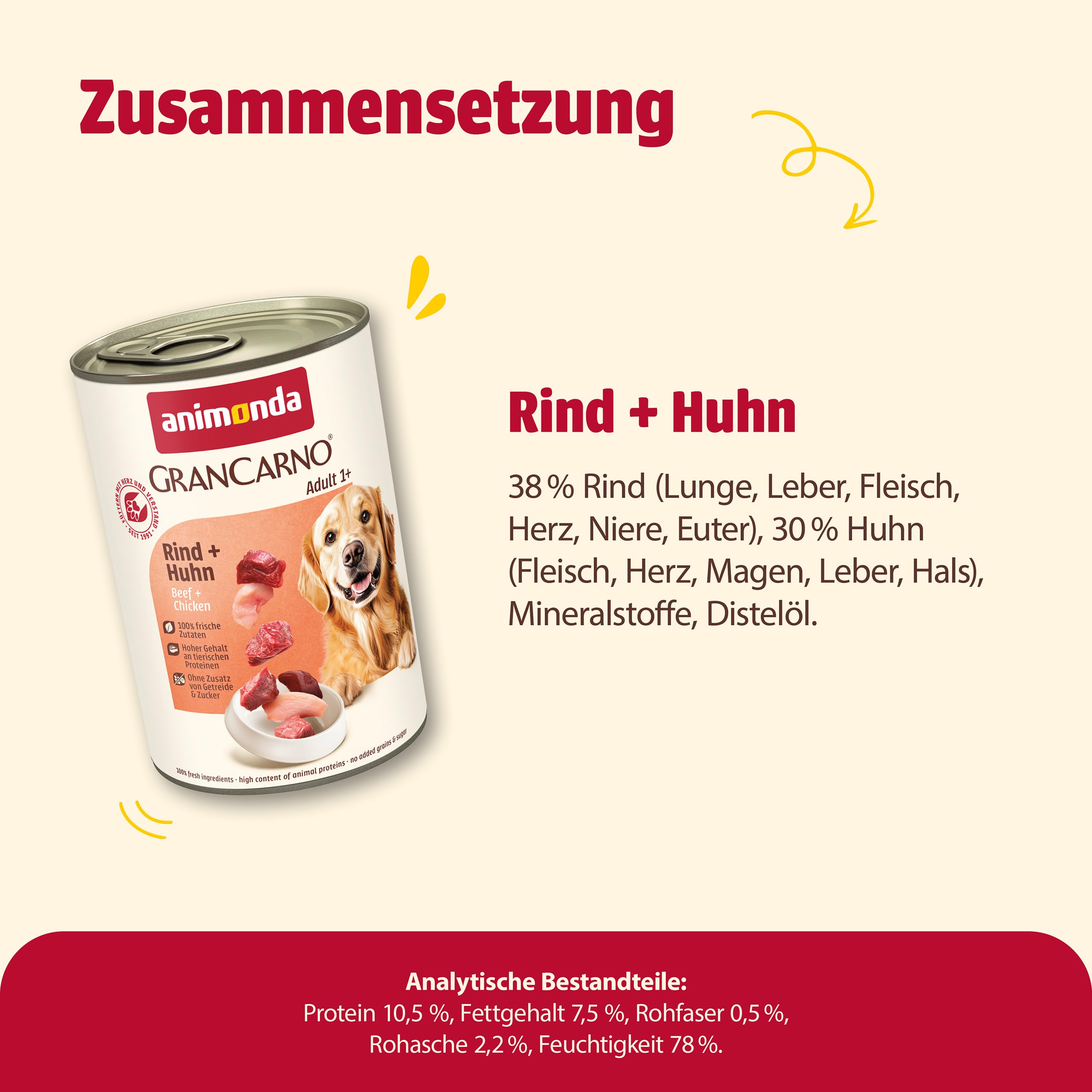 animonda GranCarno Hunde Nassfutter mit Rind + Entenherzen (6 x 800 g), getreidefreies Hundenassfutter ohne Zucker, für ausgewachsene Hunde, mit frischen fleischigen Zutaten