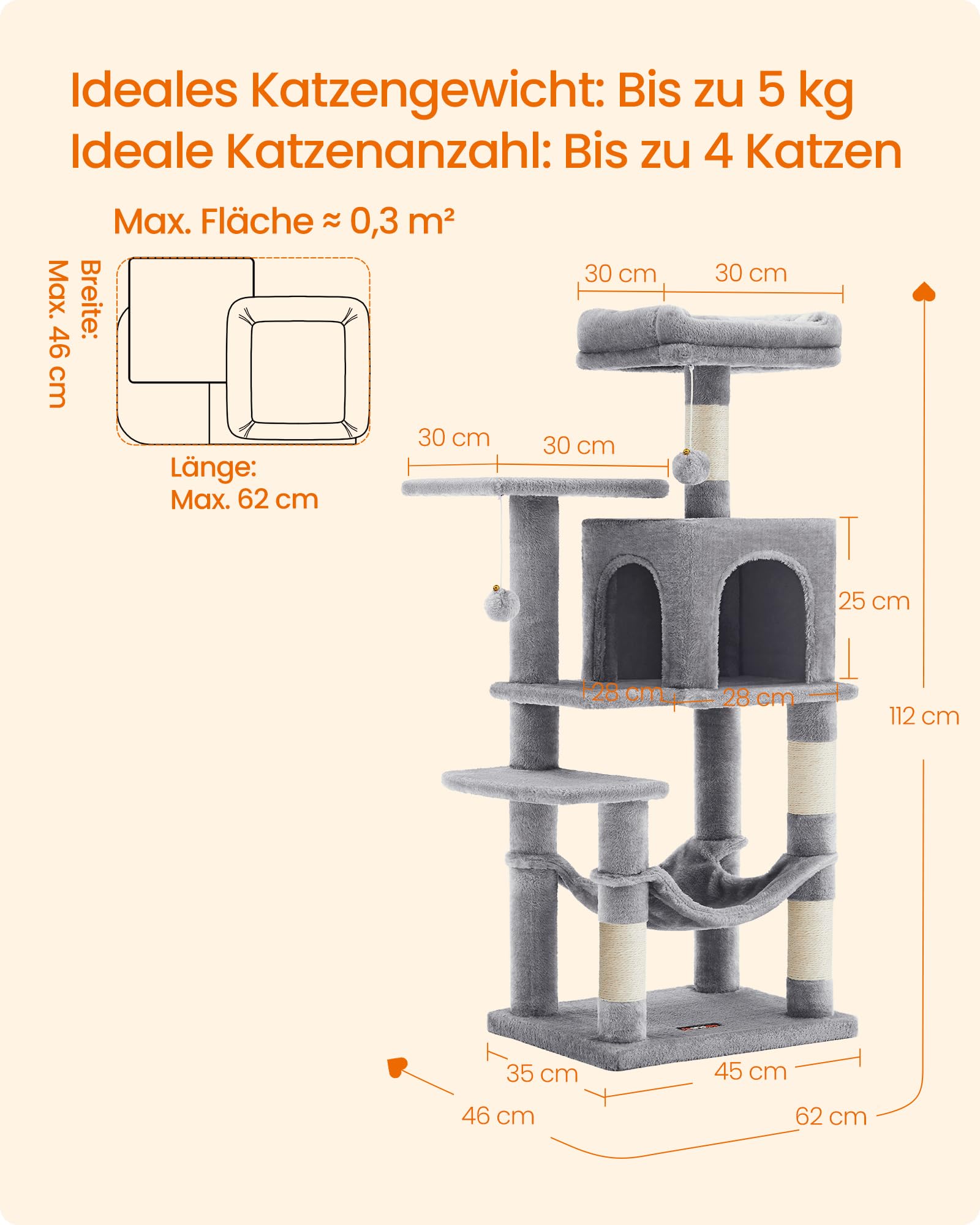 Feandrea Kratzbaum, 143 cm hoch, Katzenbaum, mehrstöckiges Katzenhaus, mit 4 Kratzsäulen, 2 Plattformen, Hängematte, Höhle, hellgrau PCT161W01