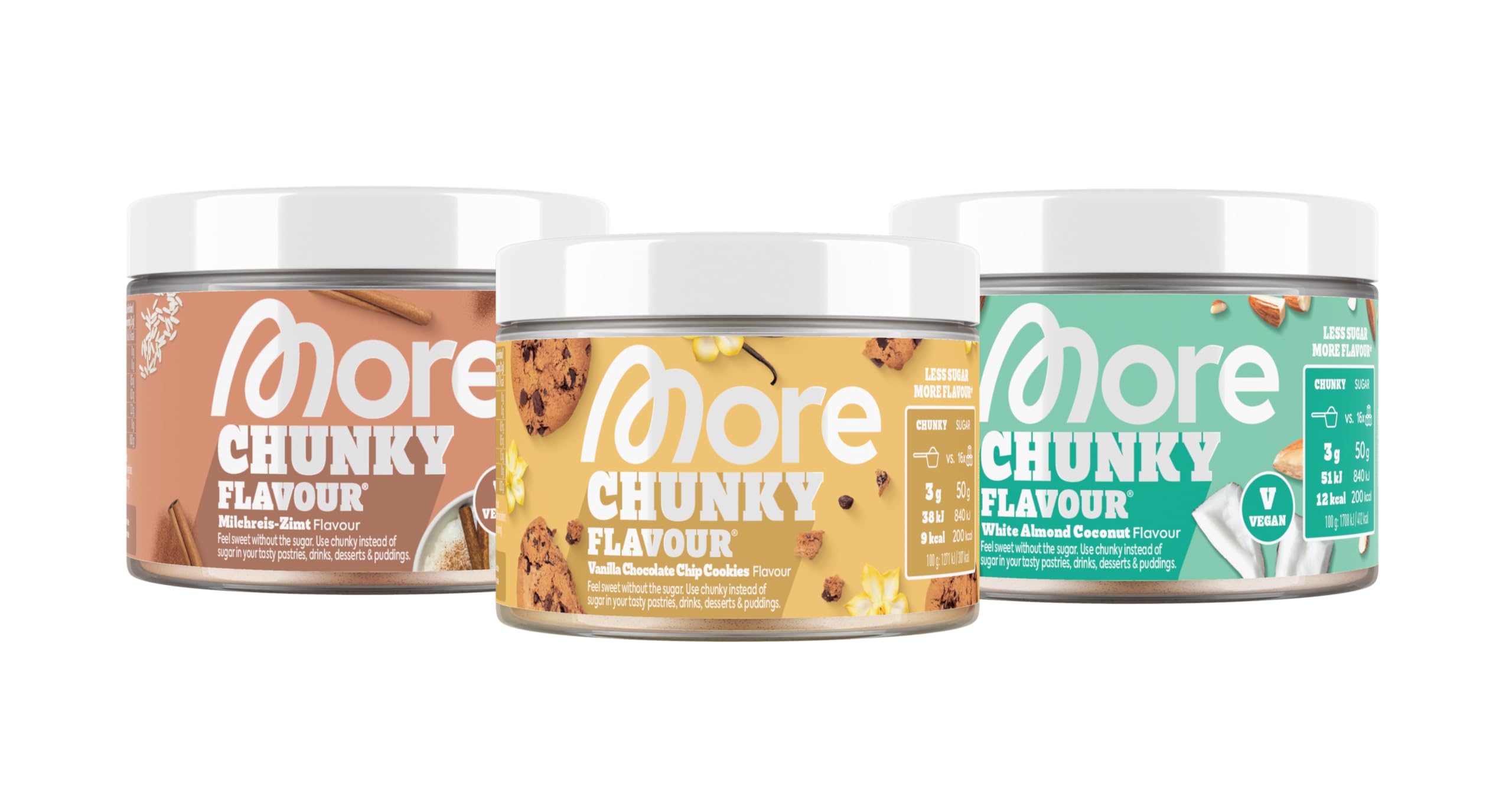 MORE Chunky Flavour, Vanilla Perfection, 150 g, vegan, Geschmackspulver zum Süßen, ohne viel Zucker und Kalorien, mit Inulin und Laktase - made in Germany